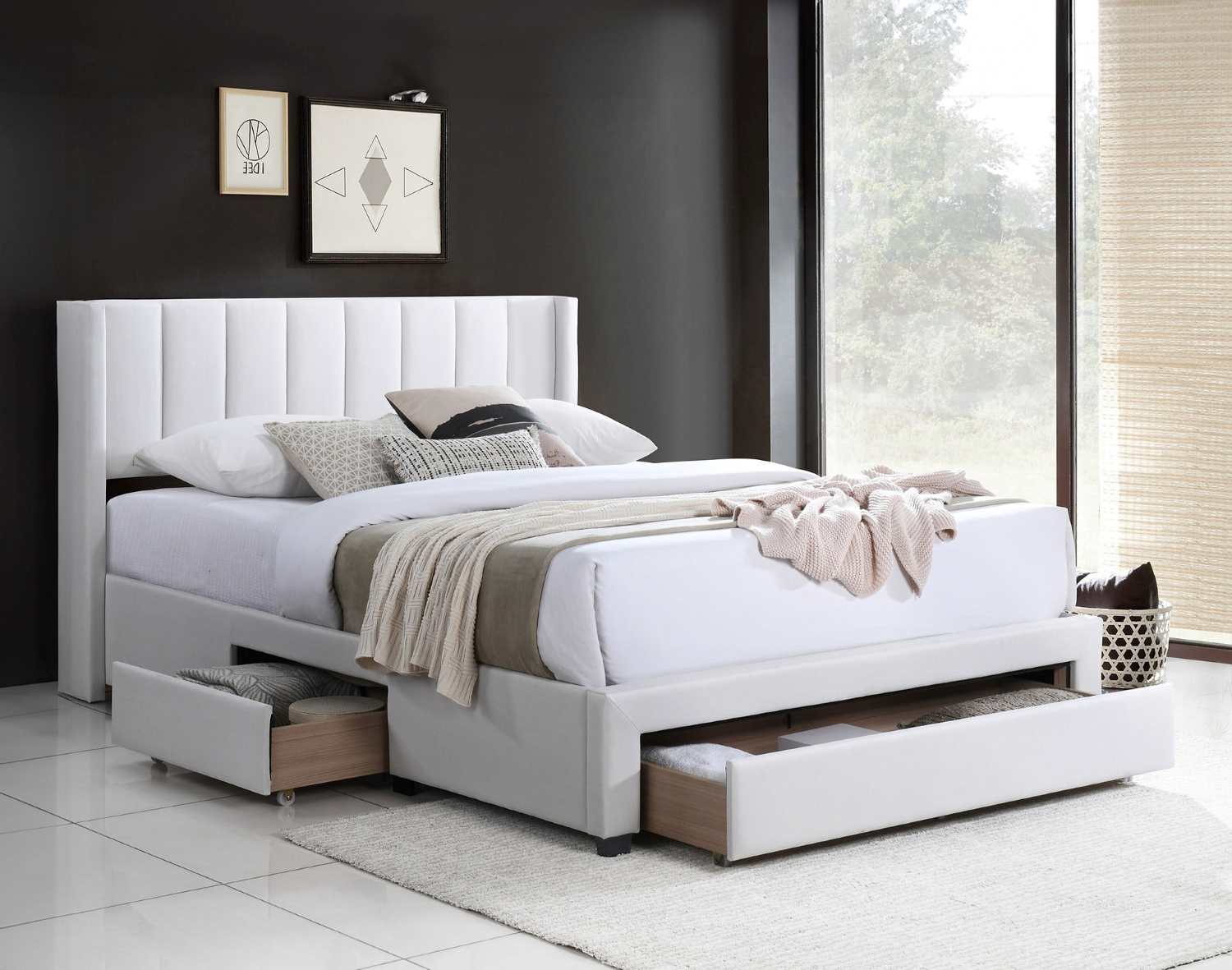 Cream Platform Storage Bed With Vertical Tufted Headboard 5331