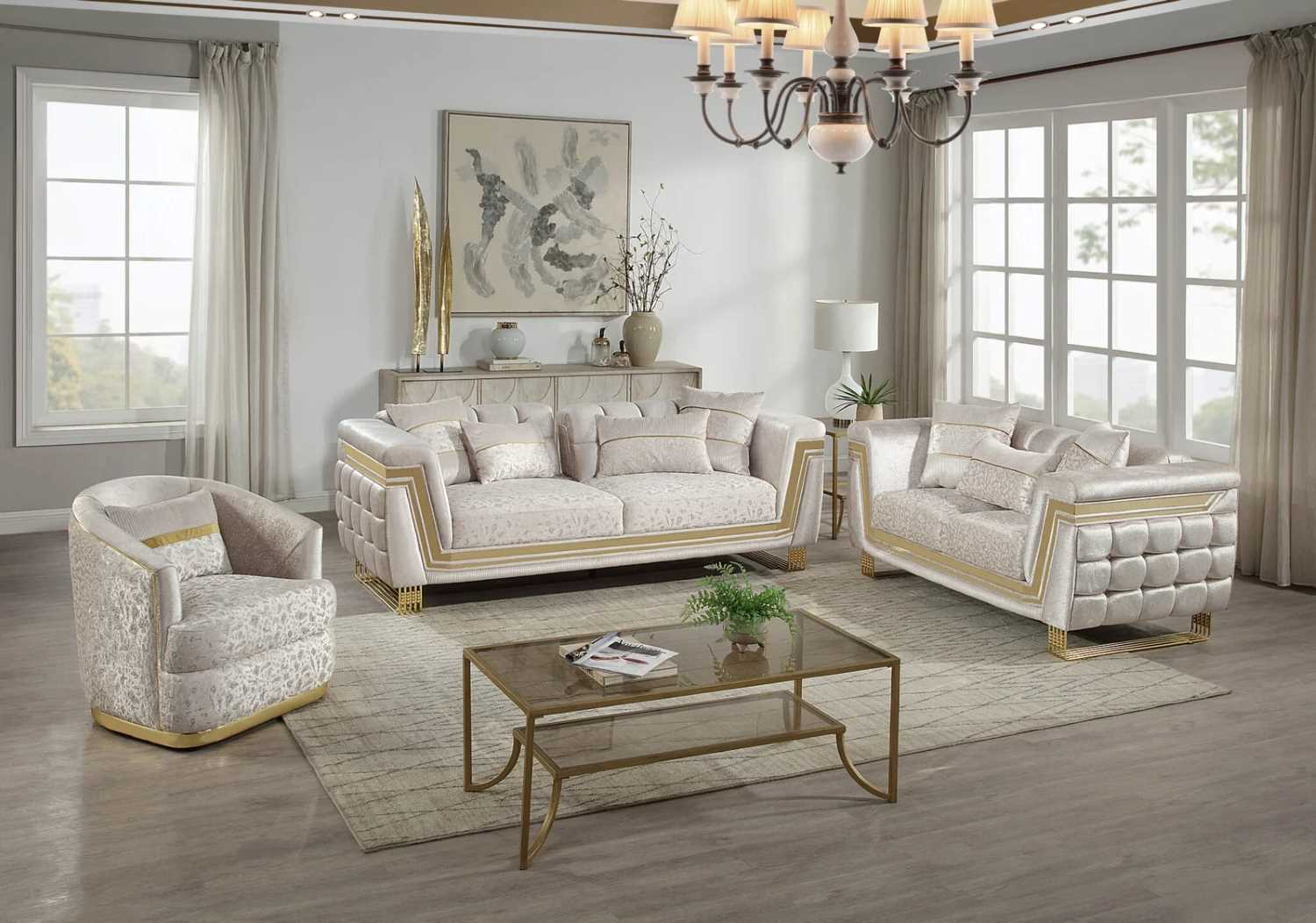 Cream Velvet Fabric 3pc Sofa Set with Gold Accents 387
