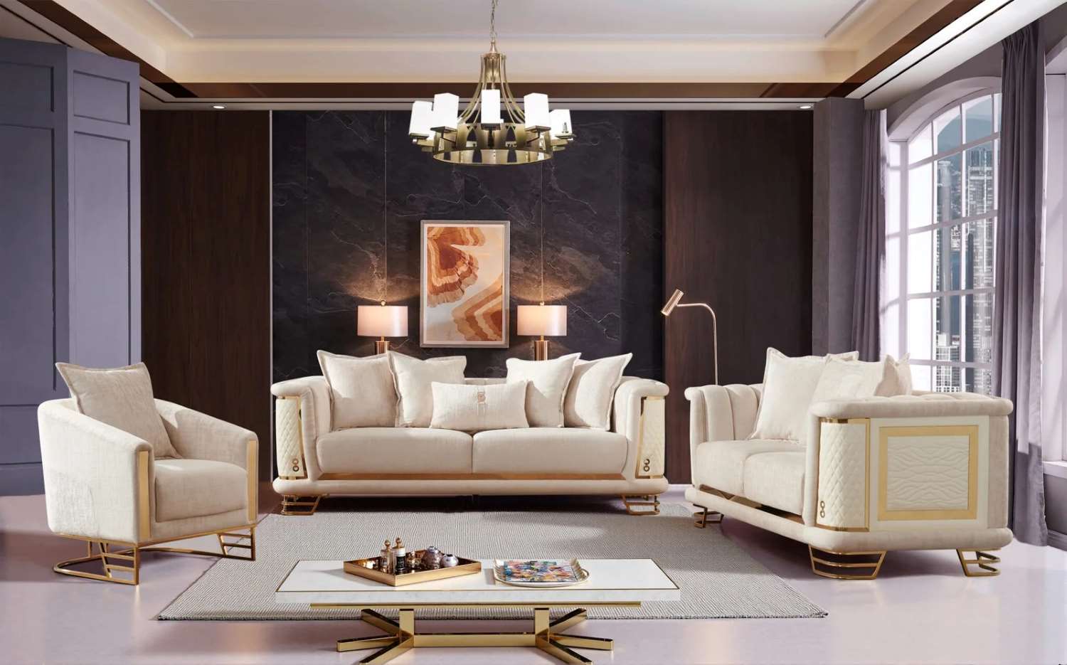 Cream Velvet Fabric 3pc Sofa Set with Gold Accents 427