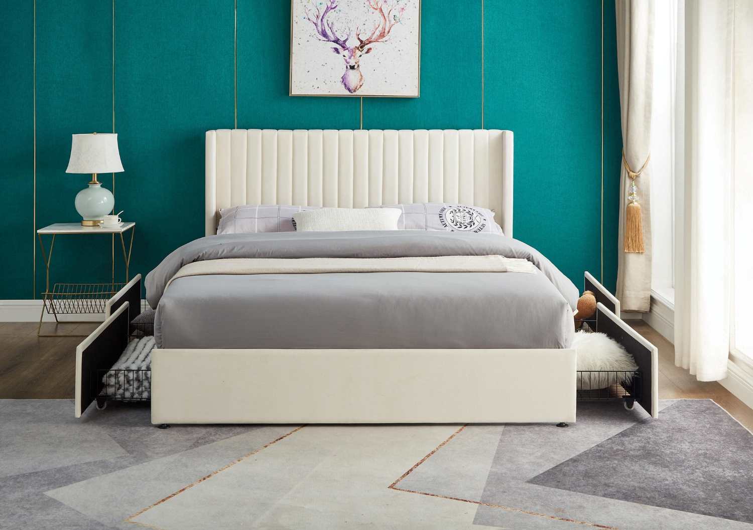 Cream Velvet Platform Bed With Contemporary Wingback Headboard 5407