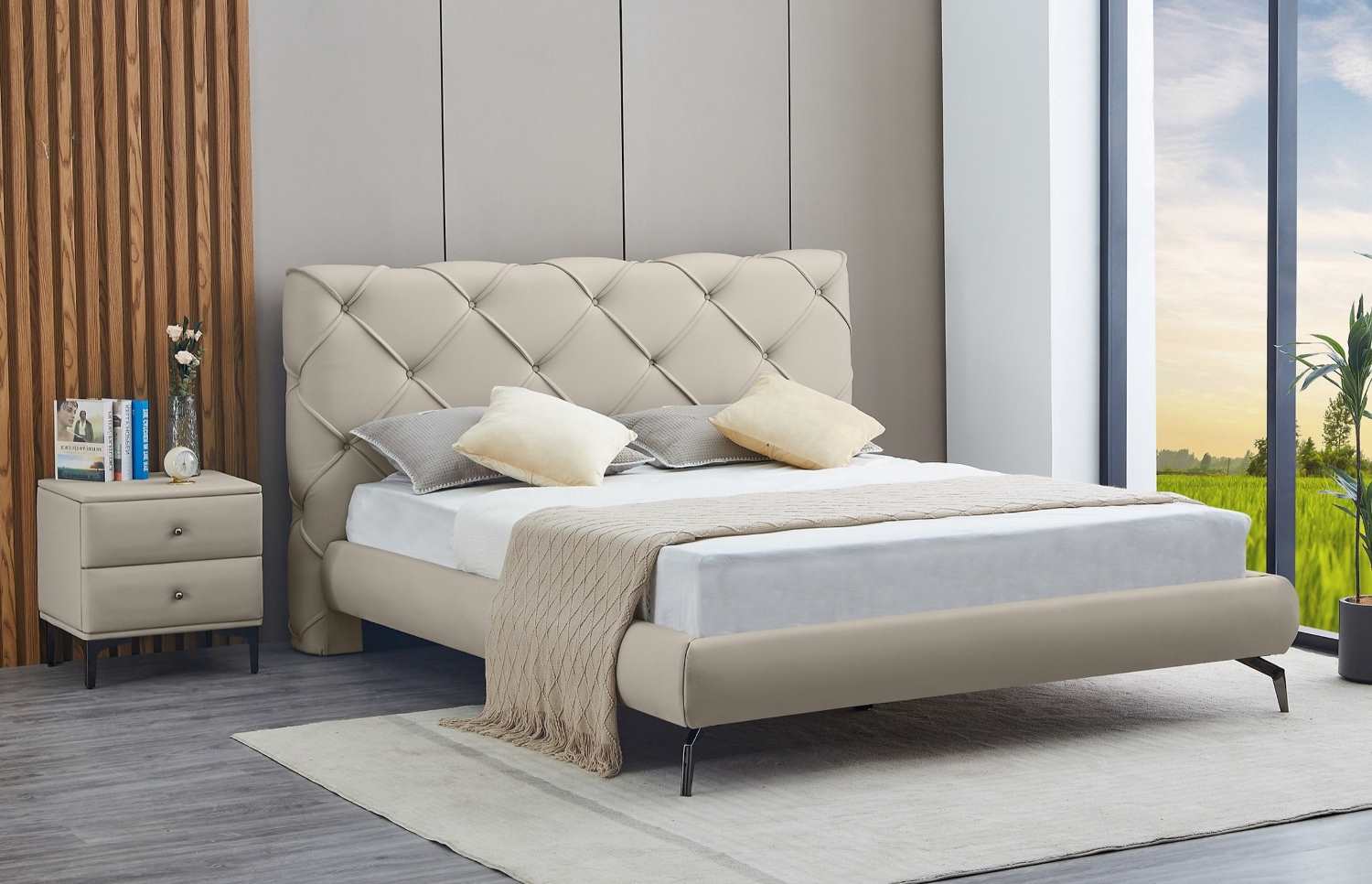 Creme PU Platform Bed With Diamond Pattern Headboard 5945