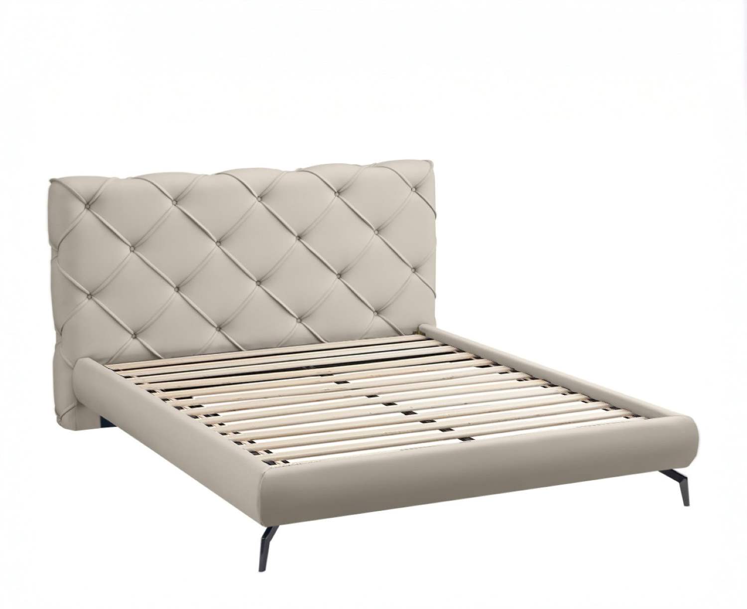 Creme PU Platform Bed With Diamond Pattern Headboard 5945