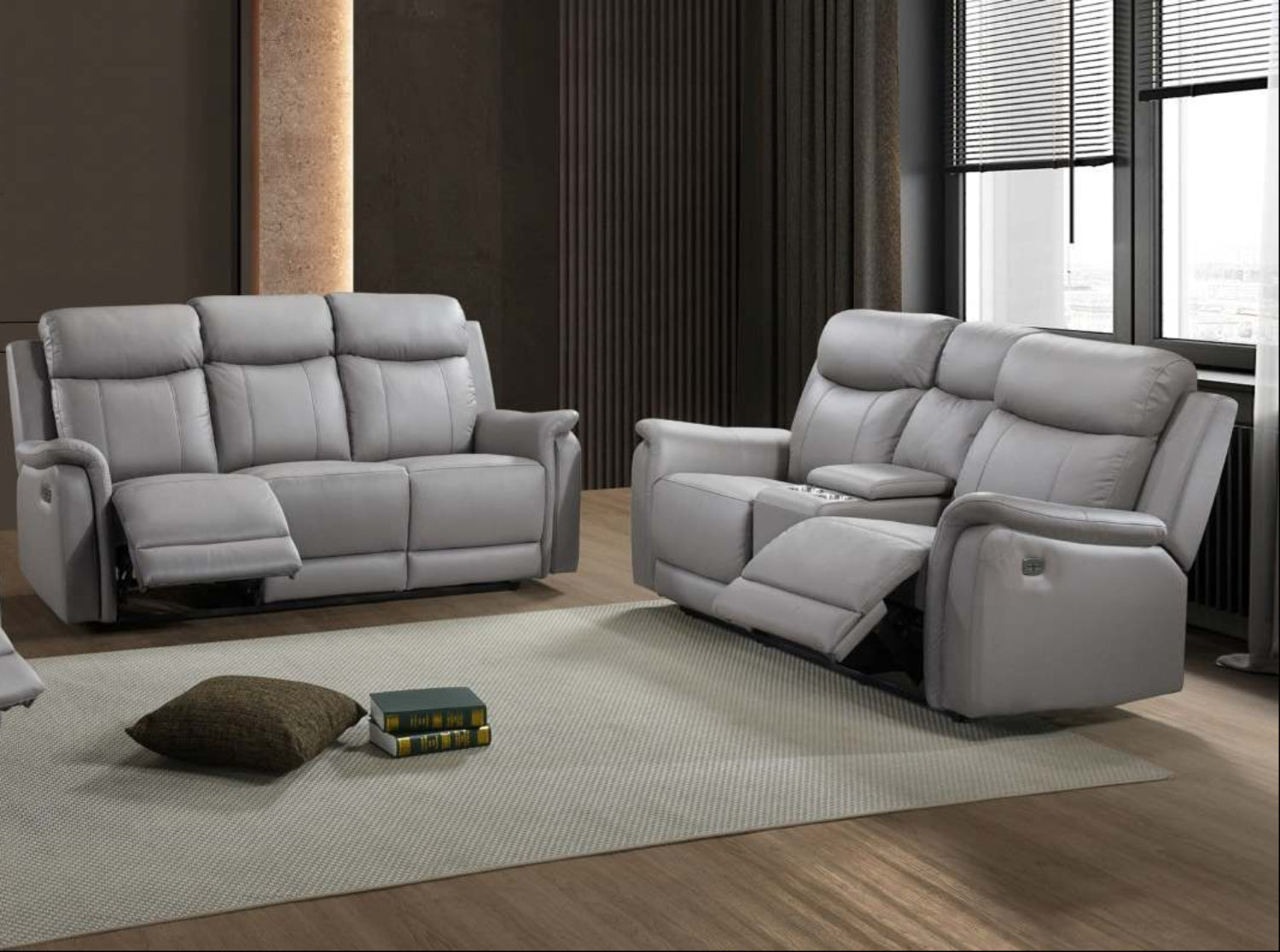 Cyrus Top Grain Leather Power Reclining Sofa Set Light Grey 99840