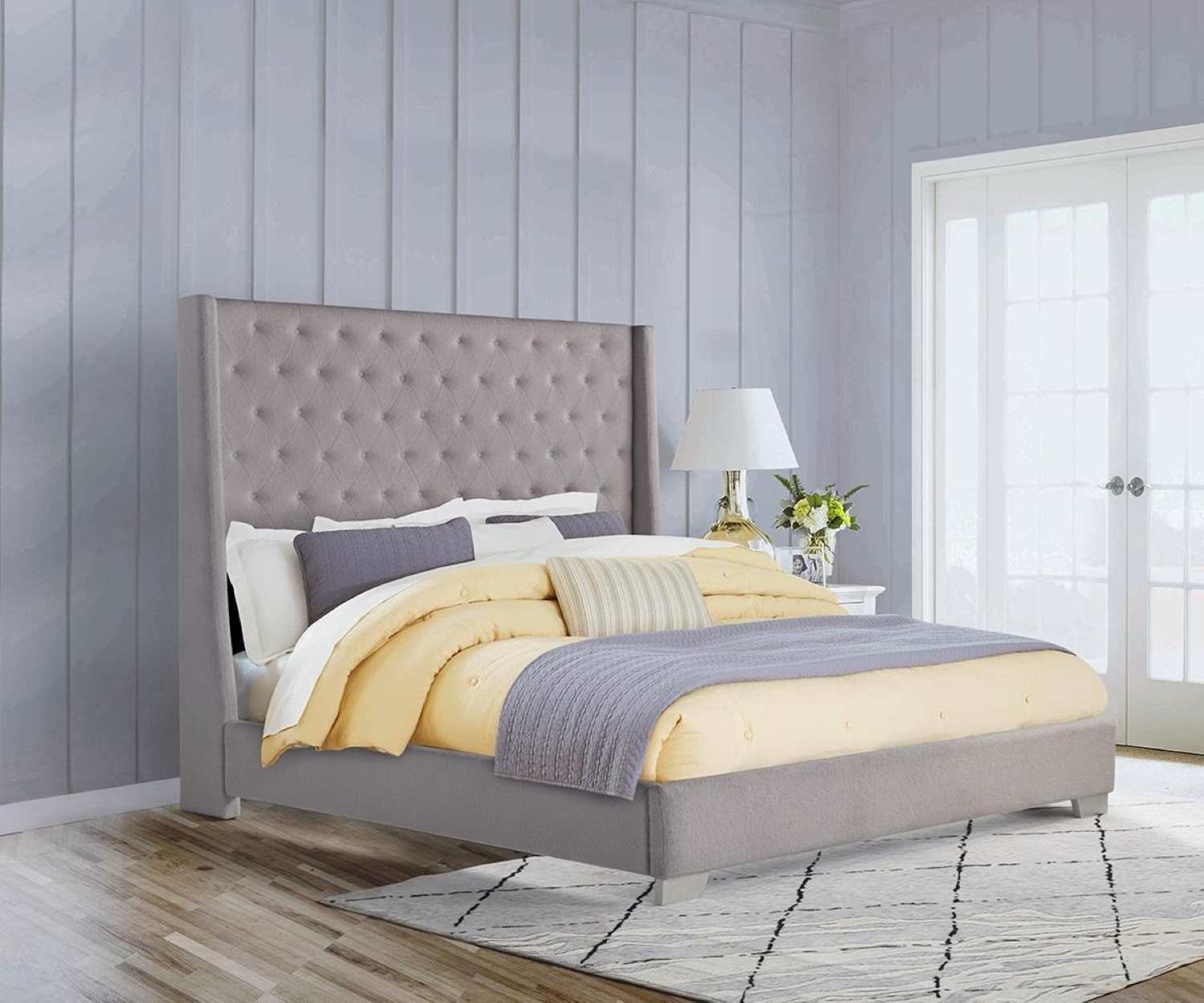Daria Grey Fabric Upholstered Bed With Button Tufted Headboard B655
