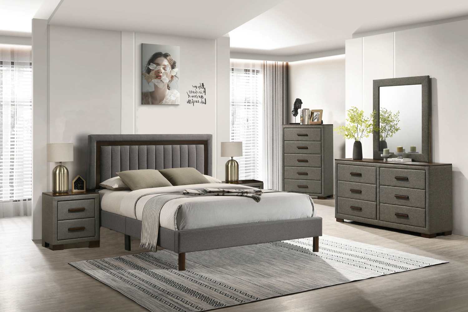 Dark Grey Fabric Bedroom Set With Upholstered Headboard IF 180
