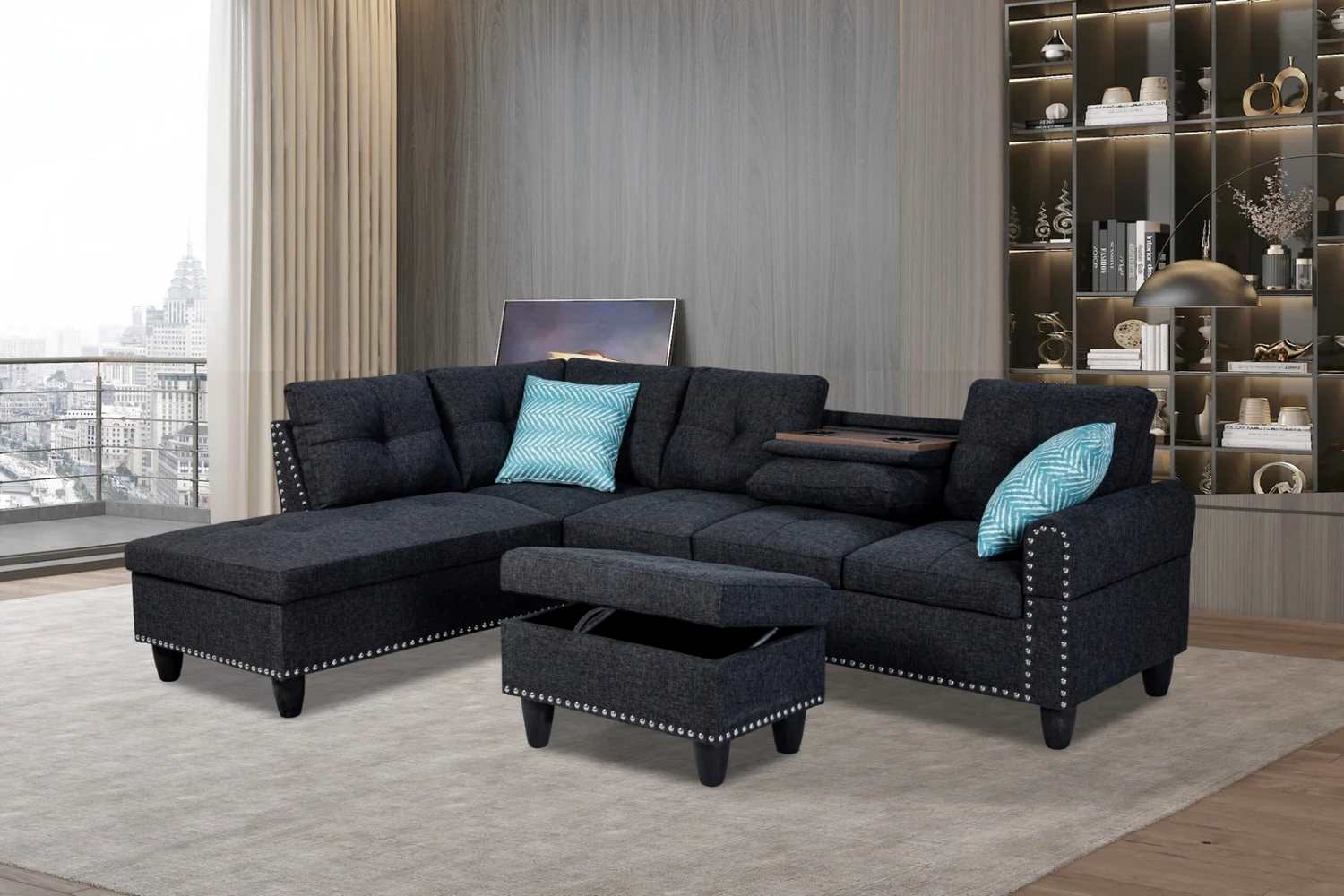 Dark Grey Fabric Sectional Sofa With Storage Ottoman 9006