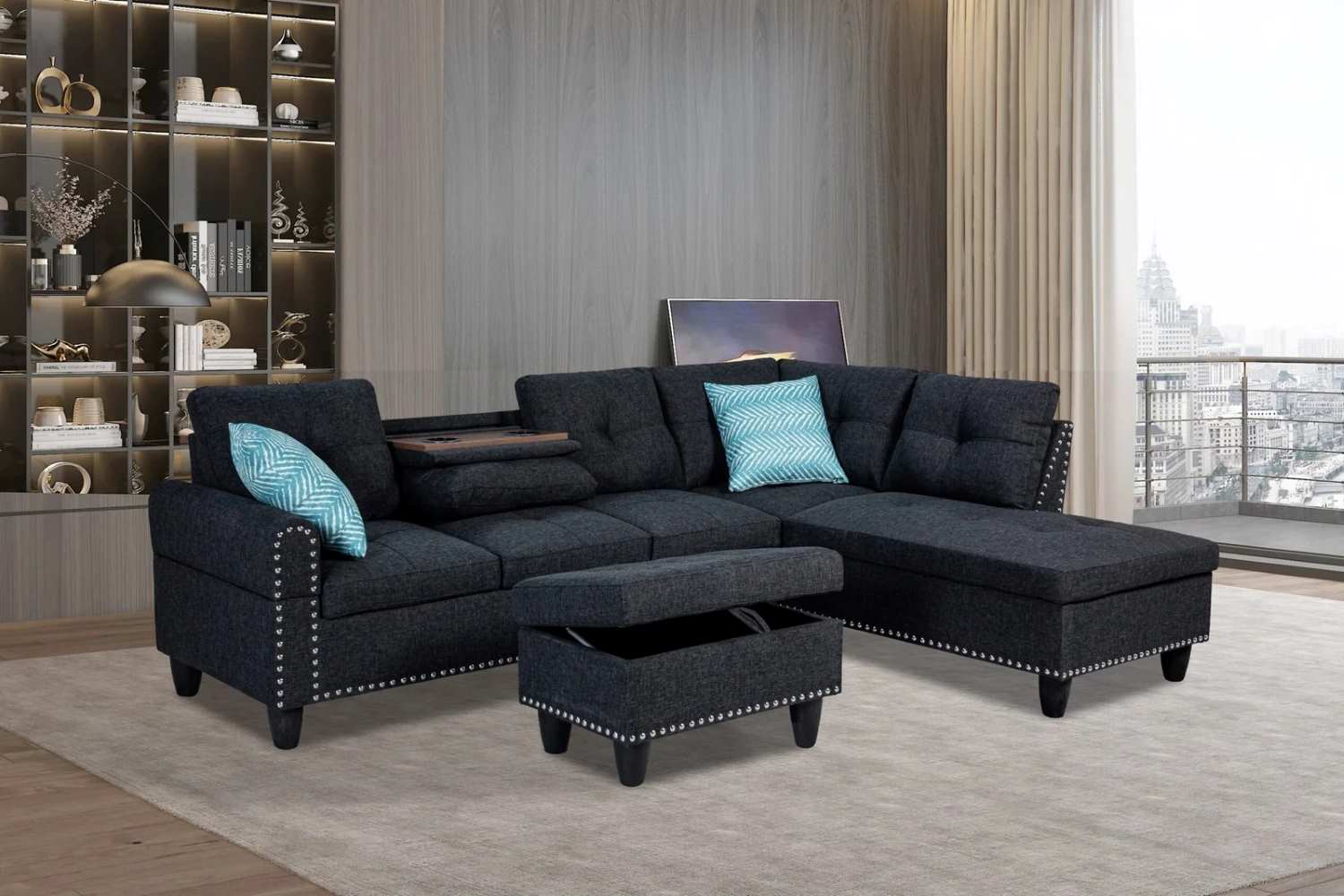 Dark Grey Fabric Sectional Sofa With Storage Ottoman 9006