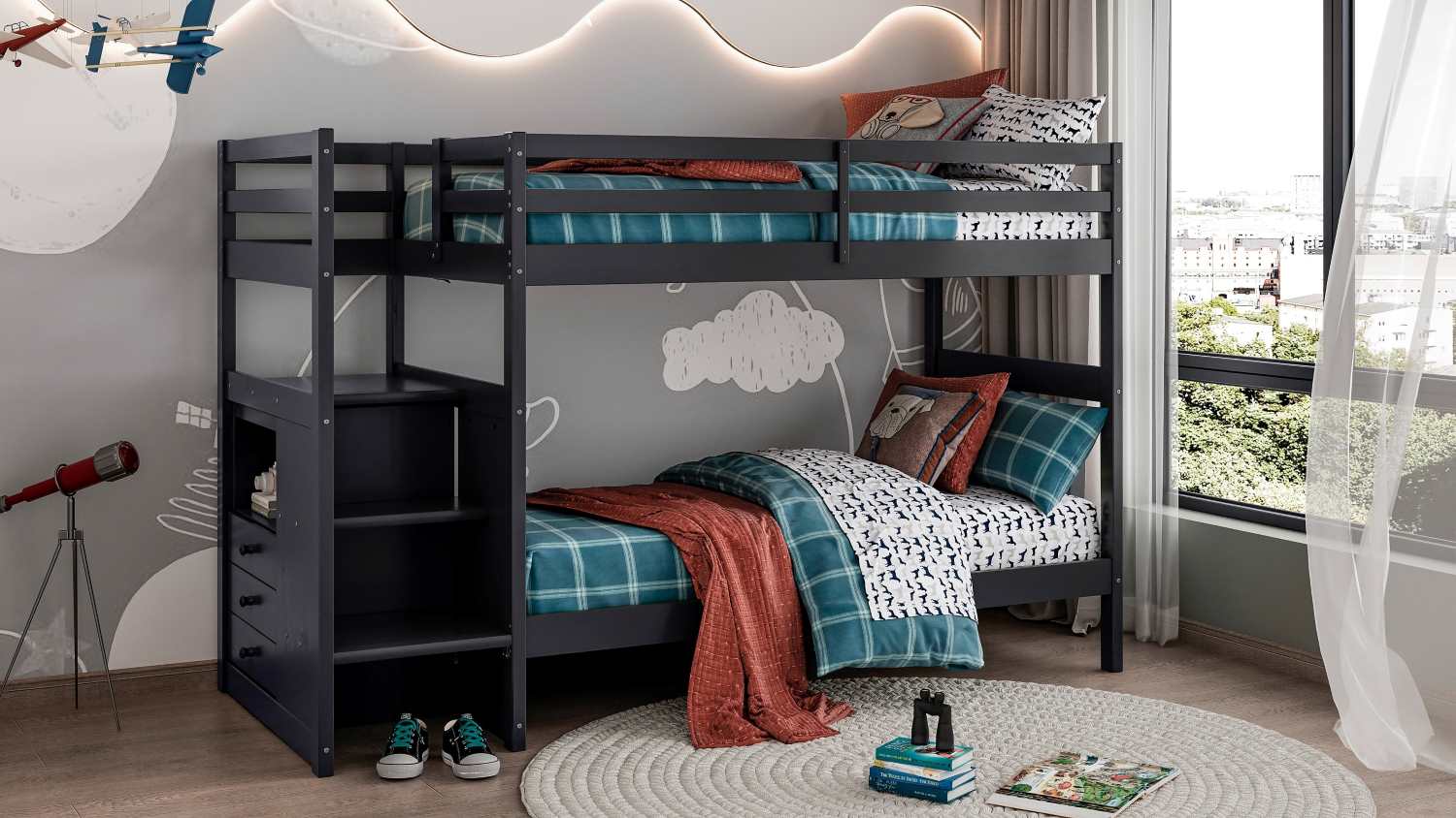 Dark Grey Wooden Stairway Single Bunk Bed 2005