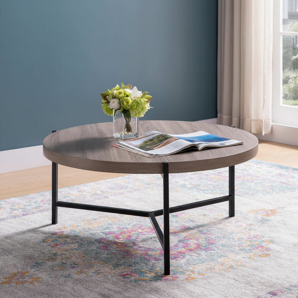 Dark Taupe Brown Top Coffee Table with Sturdy Black Steel Frame 3225