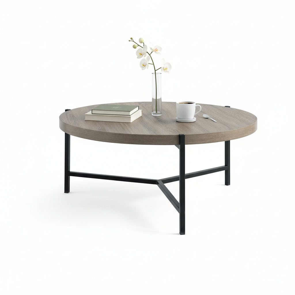 Dark Taupe Brown Top Coffee Table with Sturdy Black Steel Frame 3225