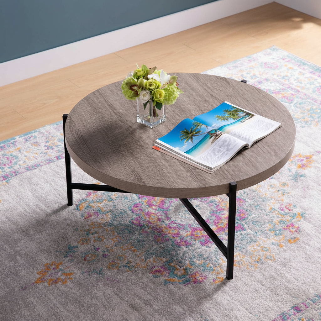 Dark Taupe Brown Top Coffee Table with Sturdy Black Steel Frame 3225