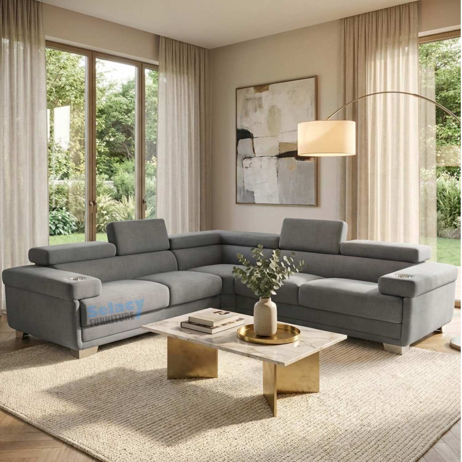 Dark Grey Teddy Fleece Reversible Sectional Sofa with Cup Holders 2502