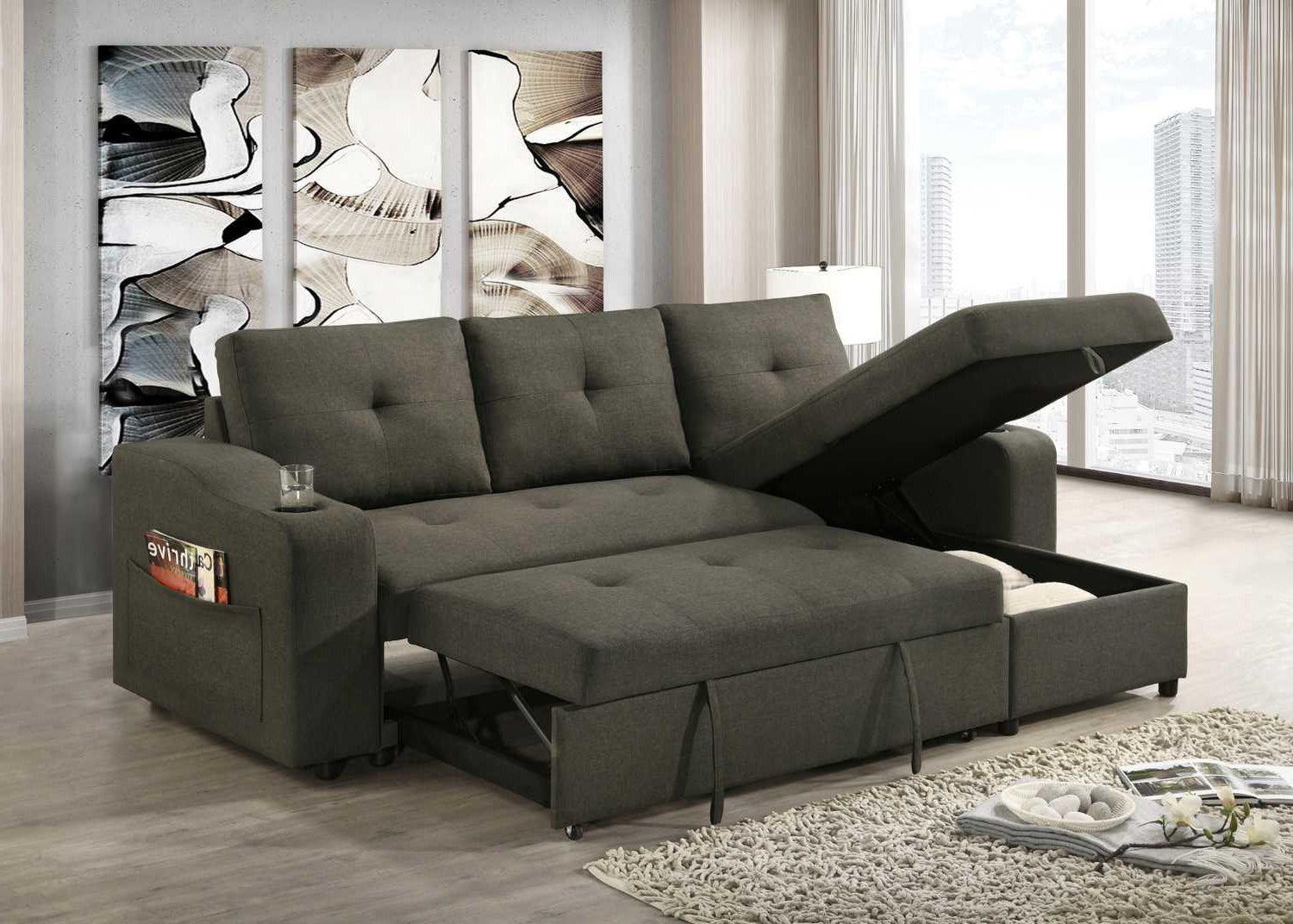 Gray sectional sofa with storage drawers in a modern living room.