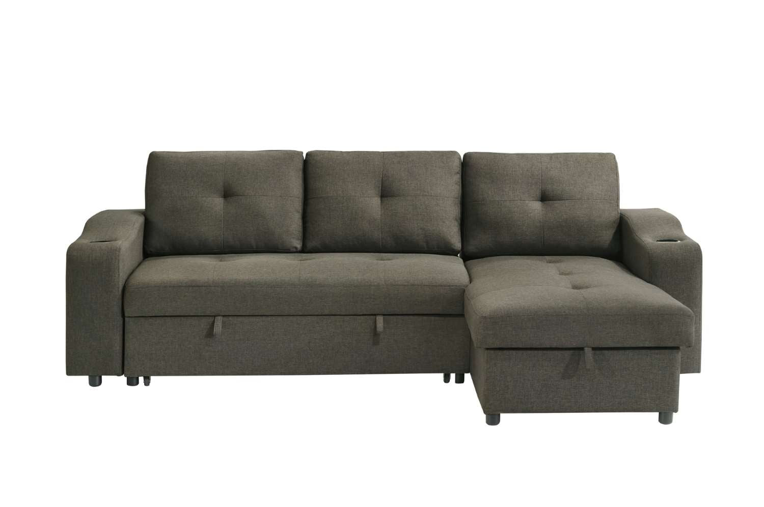Gray sectional sofa with storage on a white background