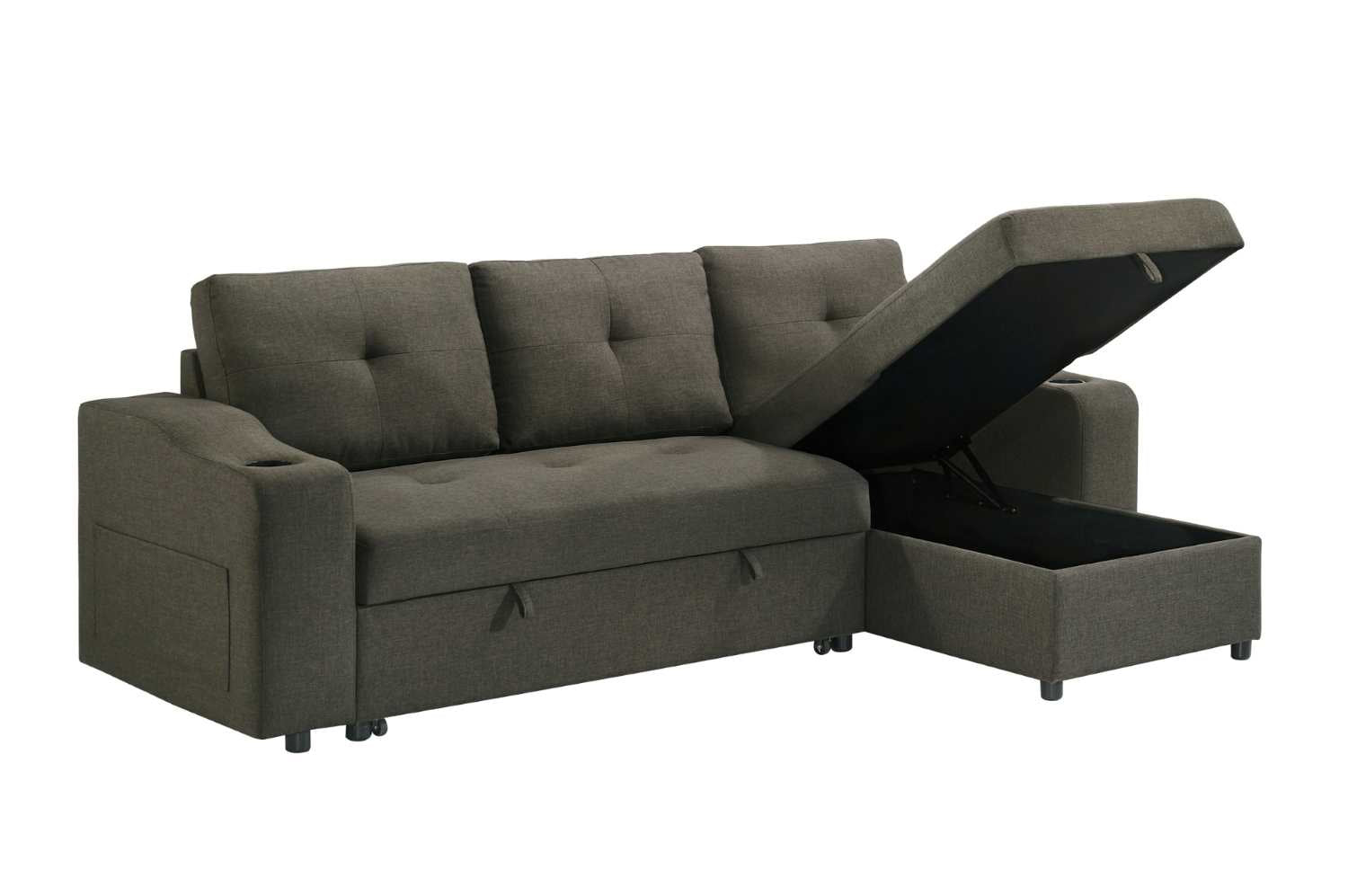 Gray sectional sofa with storage drawers on a white background