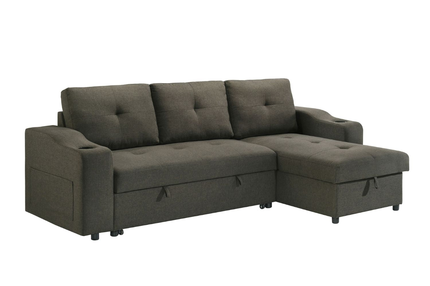 Gray sectional sofa with storage on a white background
