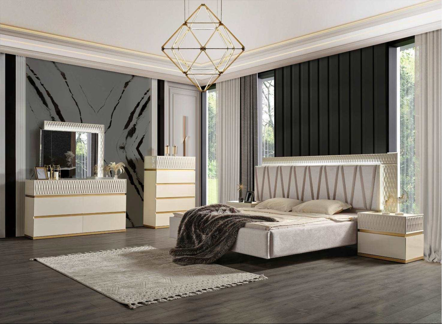 Delfano Gold and Cream Lacquer Finish Bedroom Set 1761