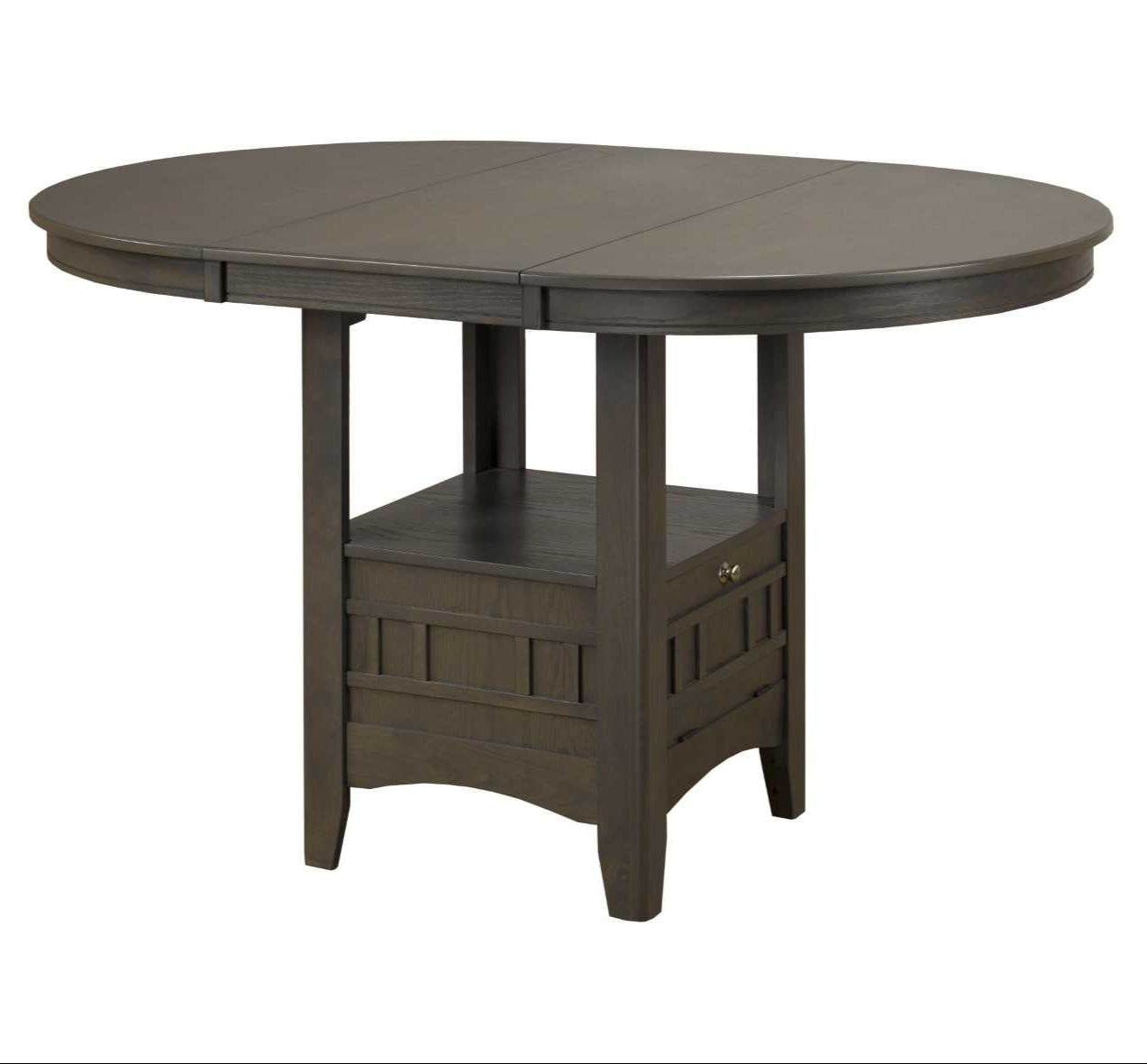 A grey wooden extendable counter table with a storage base, featuring a round top and an extended leaf-shaped table section.