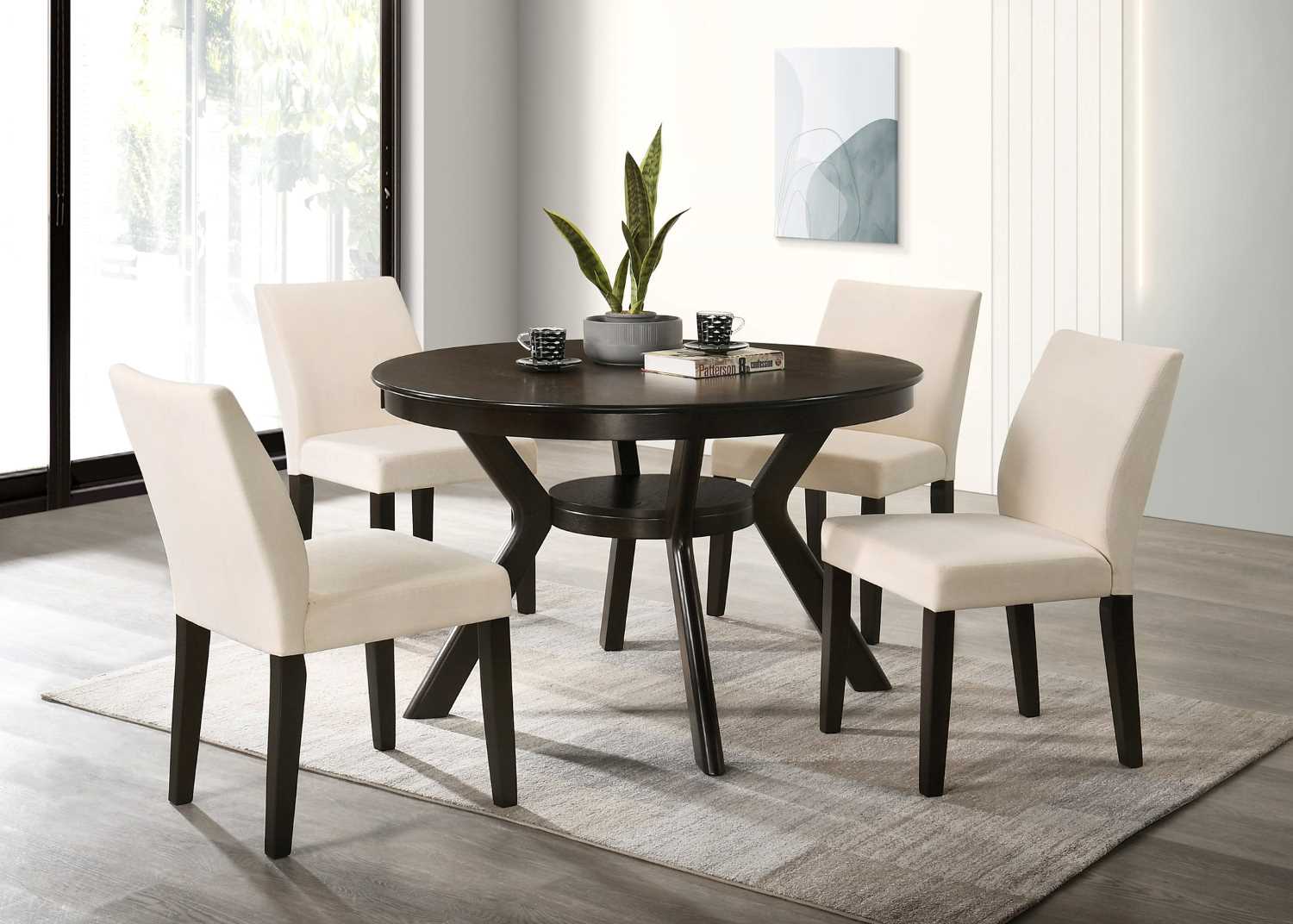 Espresso Wooden Dining Table With 4 Fabric Chairs T-1085 / C-1085