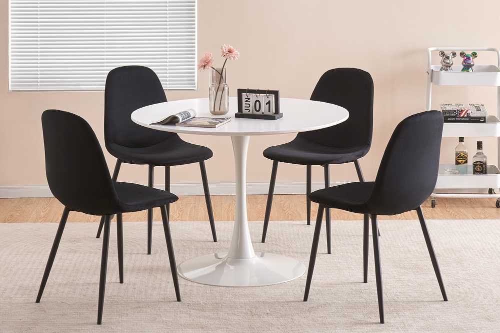 White Round Dining Table With 4 Black Chairs T 3810/ T215