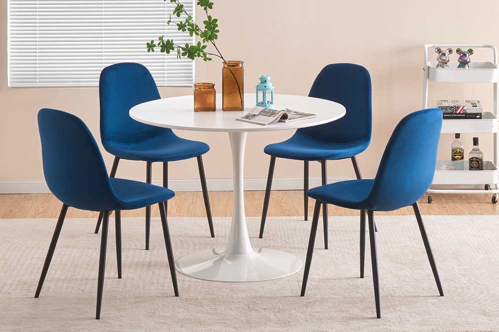 White Round Dining Table With 4 Blue Chairs T 3810/ T215