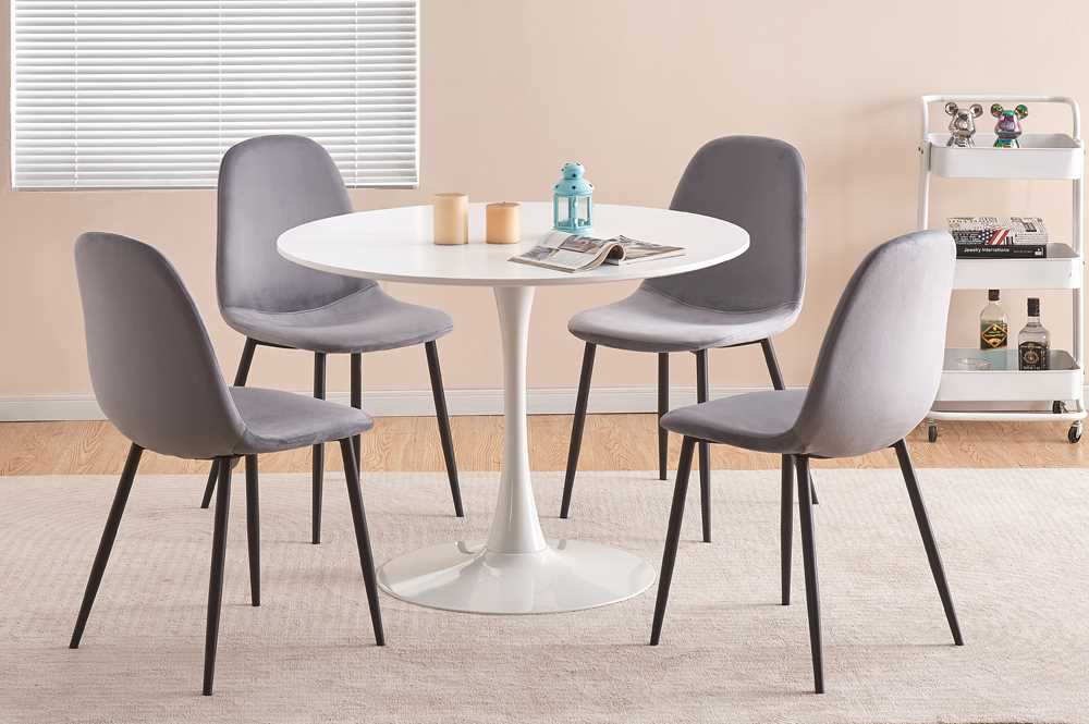 White Round Dining Table With 4 Grey Chairs T 3810/ T215