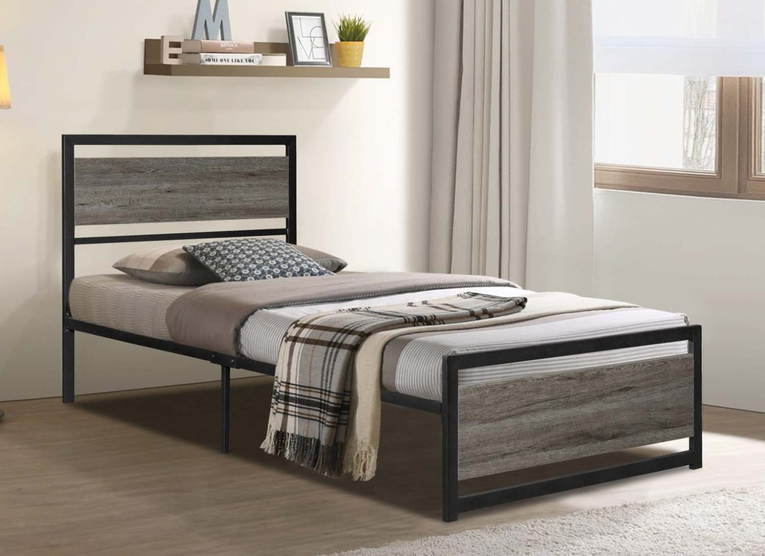 Distressed Grey Wood Look Metal Bed 2288