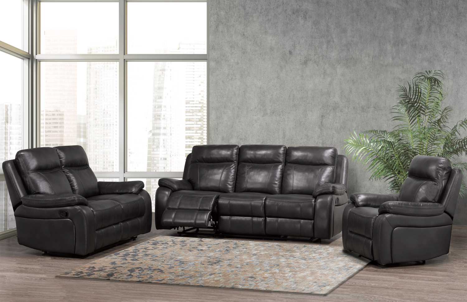 Duke Leather Gel Manual Recliner Dark Grey Sofa Set 2475