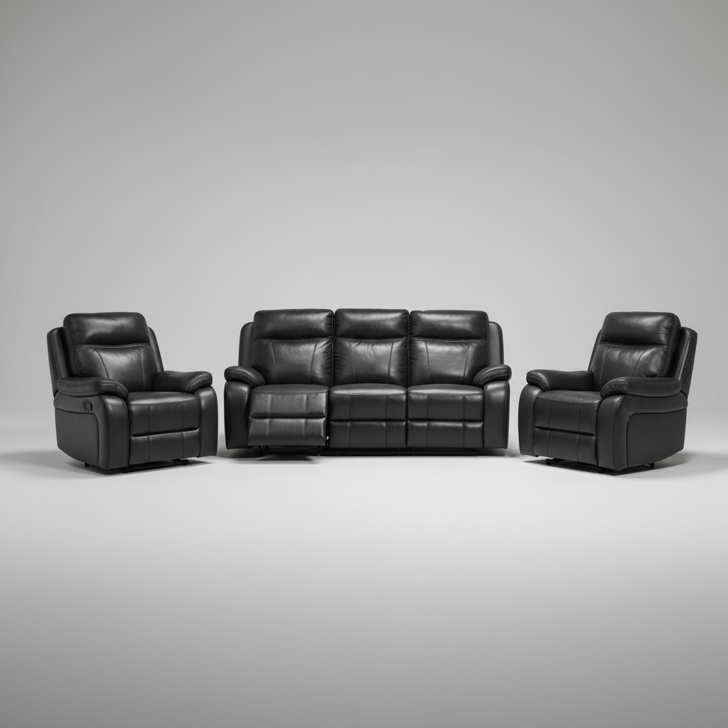 Duke Leather Gel Manual Recliner Dark Grey Sofa Set 2475