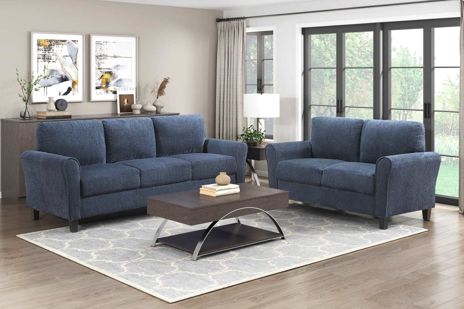 Ellery Chenille Fabric Blue Loveseat with Black Legs 9209