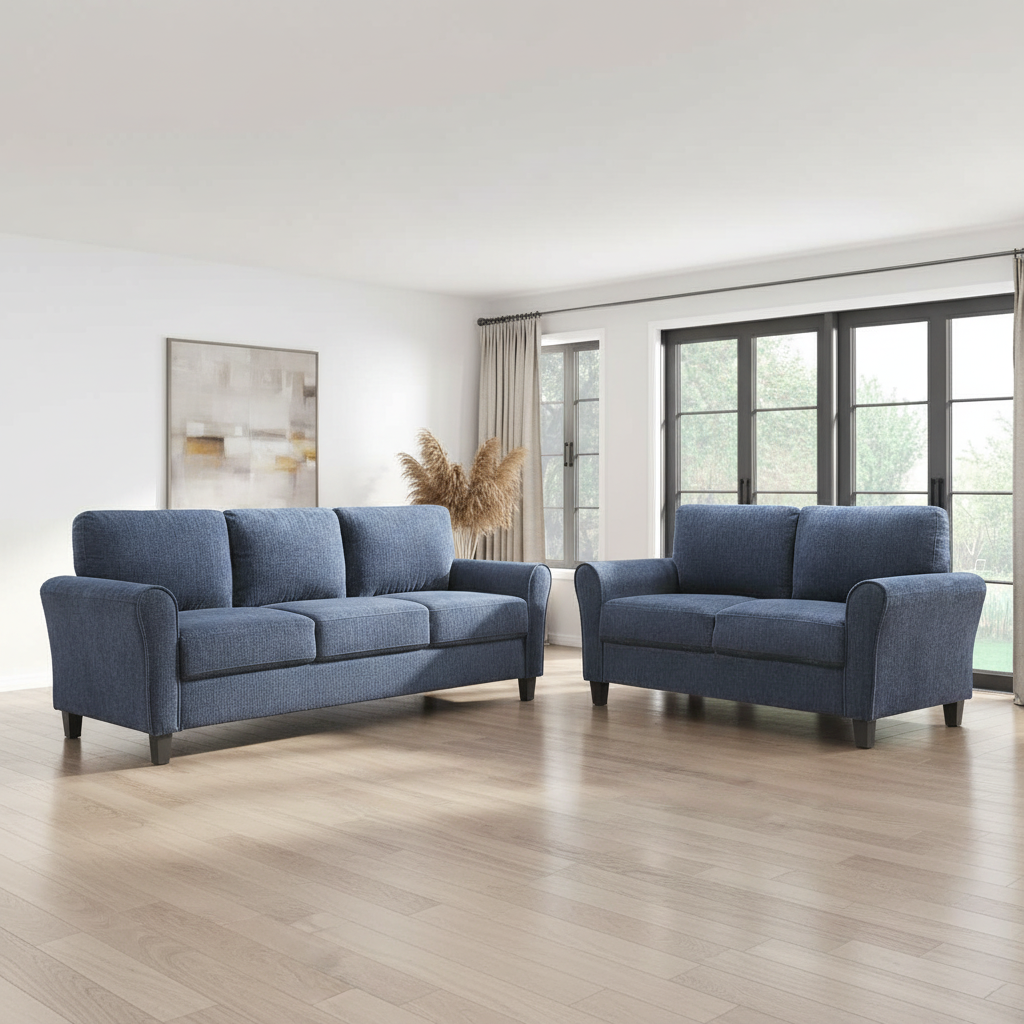 Ellery Chenille Fabric Blue Sofa Set with Black Legs 9209