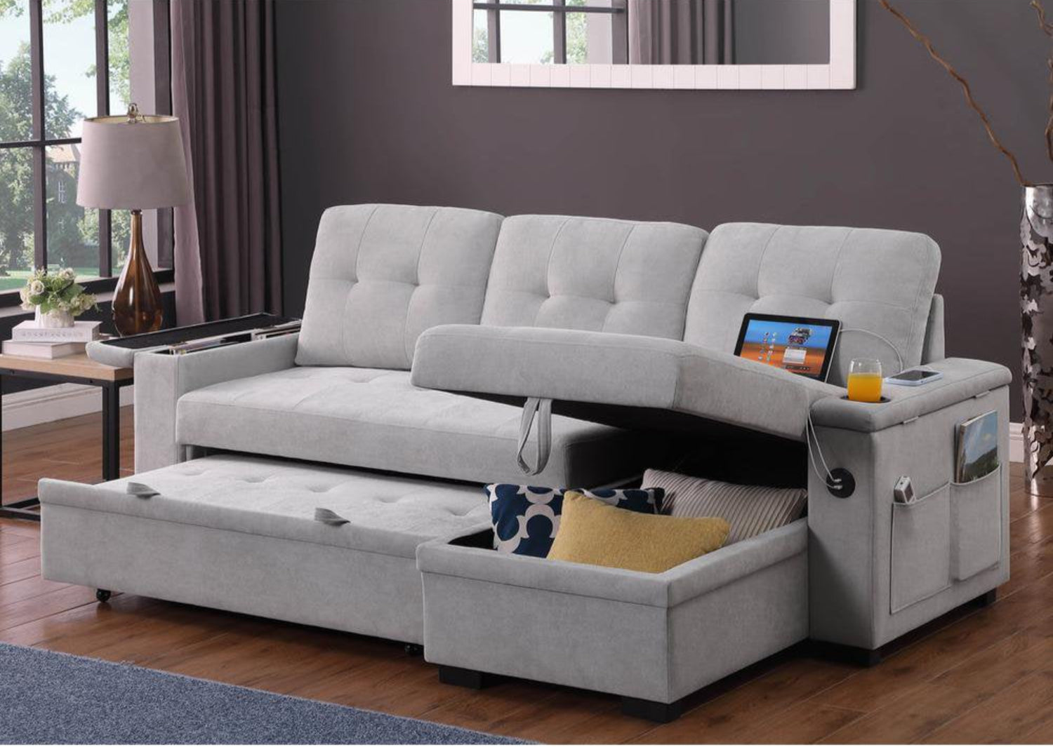 Ethan Grey Woven Fabric Reversible Sofa Bed