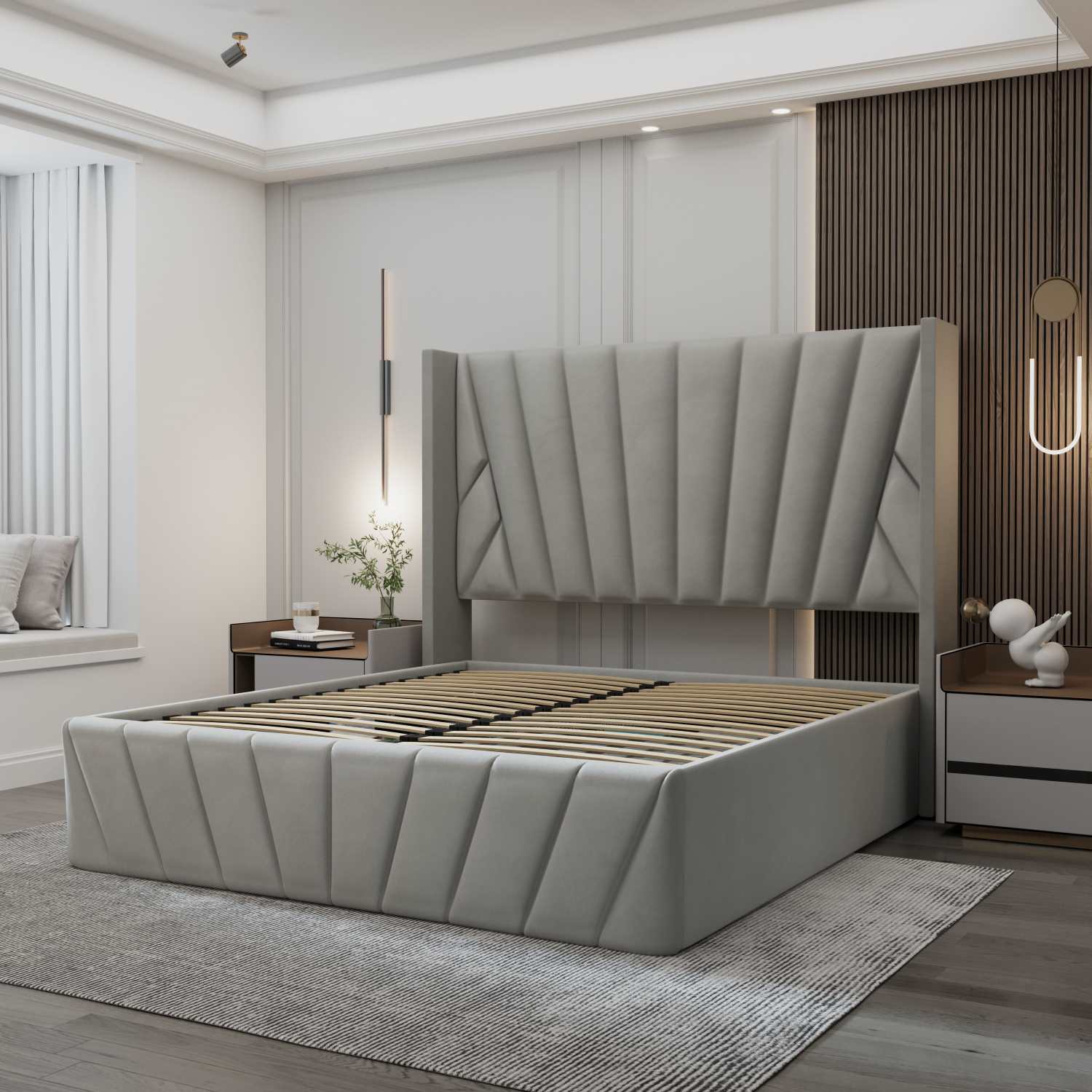 Eva Hydraulic Lift Soft Padded Upholstered Platform Storage Bed Frame Light Grey