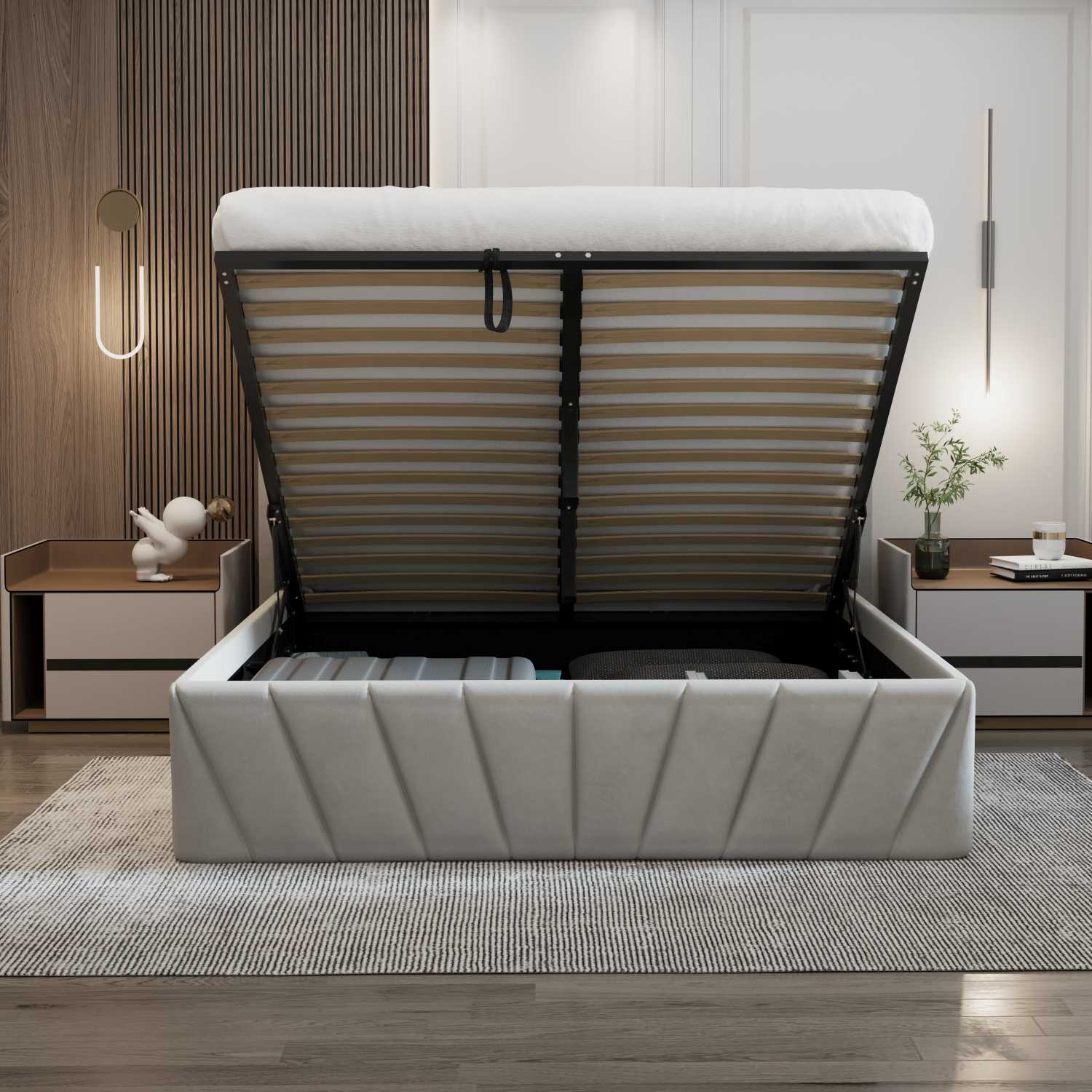 Eva Hydraulic Lift Soft Padded Upholstered Platform Storage Bed Frame Light Grey