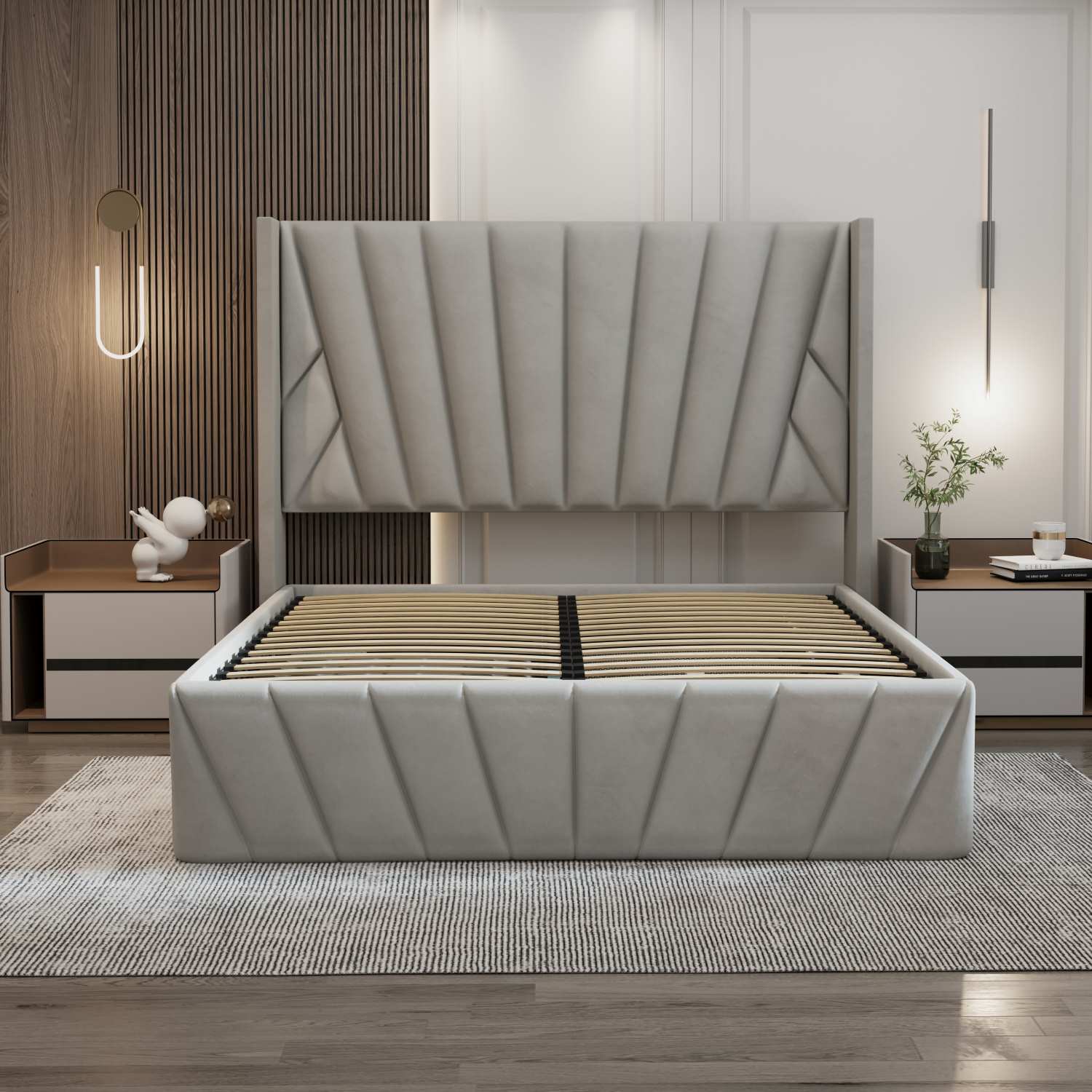 Eva Hydraulic Lift Soft Padded Upholstered Platform Storage Bed Frame Light Grey