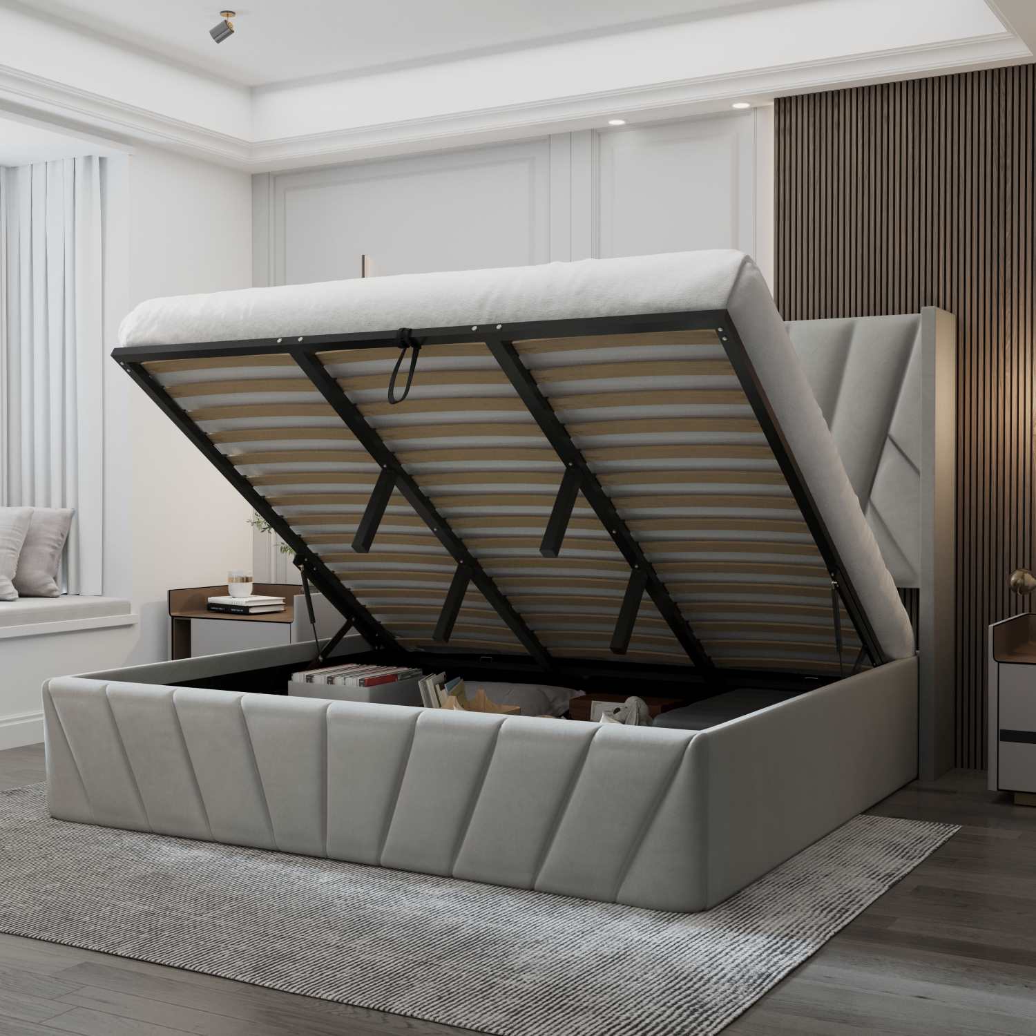 Eva Hydraulic Lift Soft Padded Upholstered Platform Storage Bed Frame Light Grey