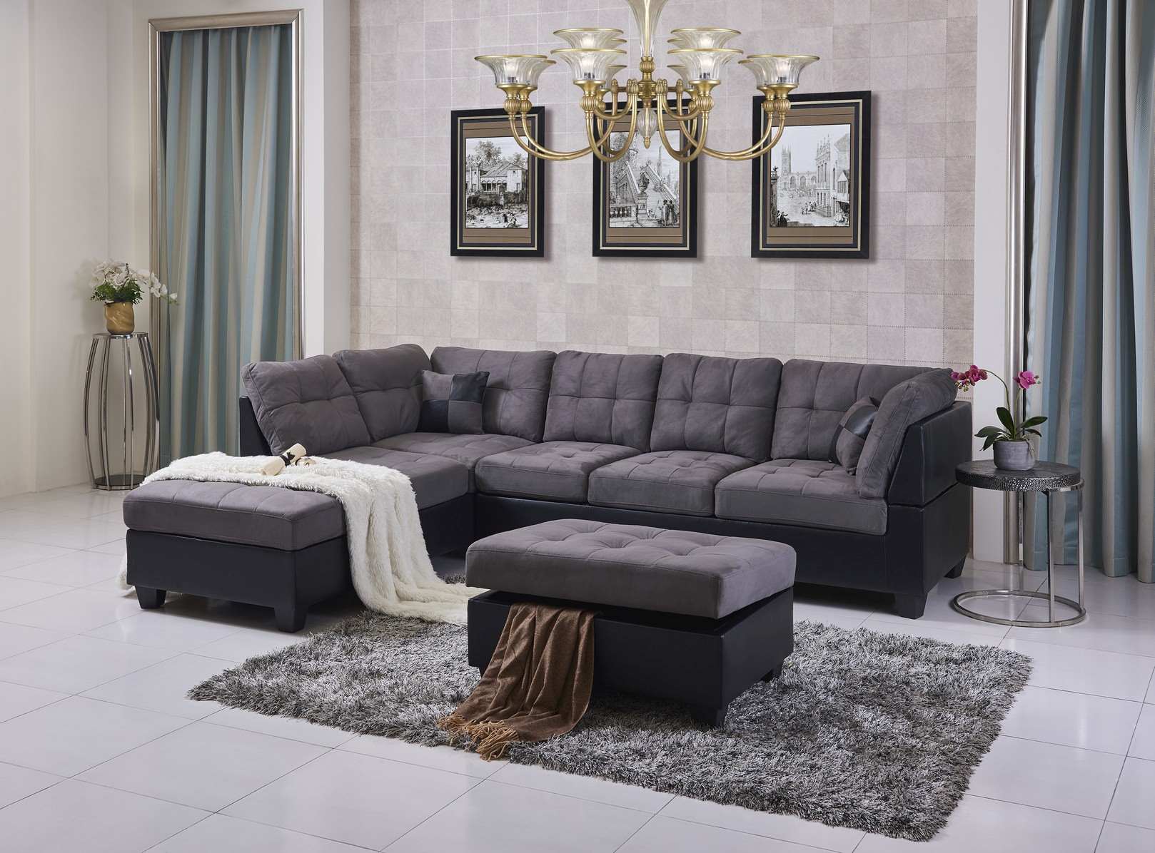 Eva Grey Fabric Sectional Sofa With Storage Ottoman