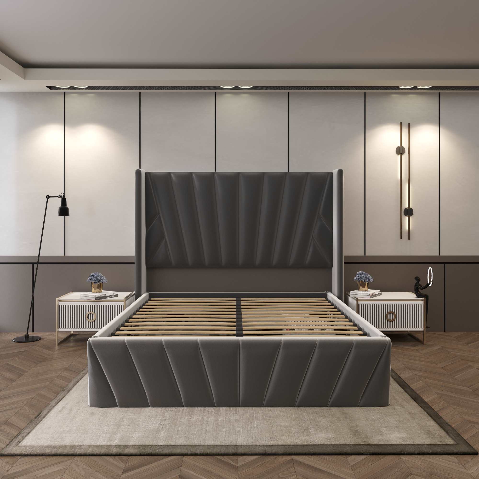 Eva Hydraulic Lift Soft Padded Upholstered Platform Storage Bed Frame - Dark Grey