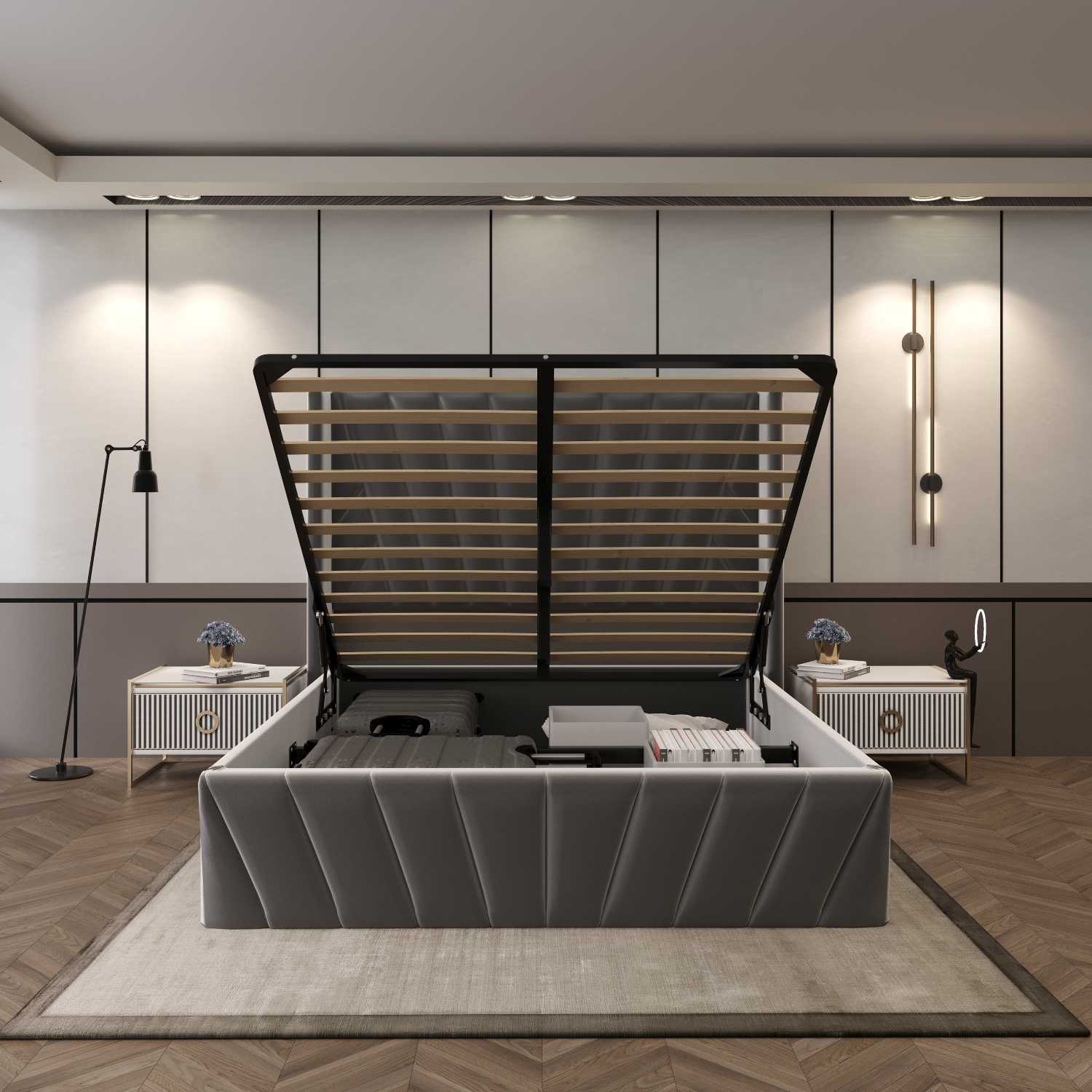 Eva Hydraulic Lift Soft Padded Upholstered Platform Storage Bed Frame - Dark Grey