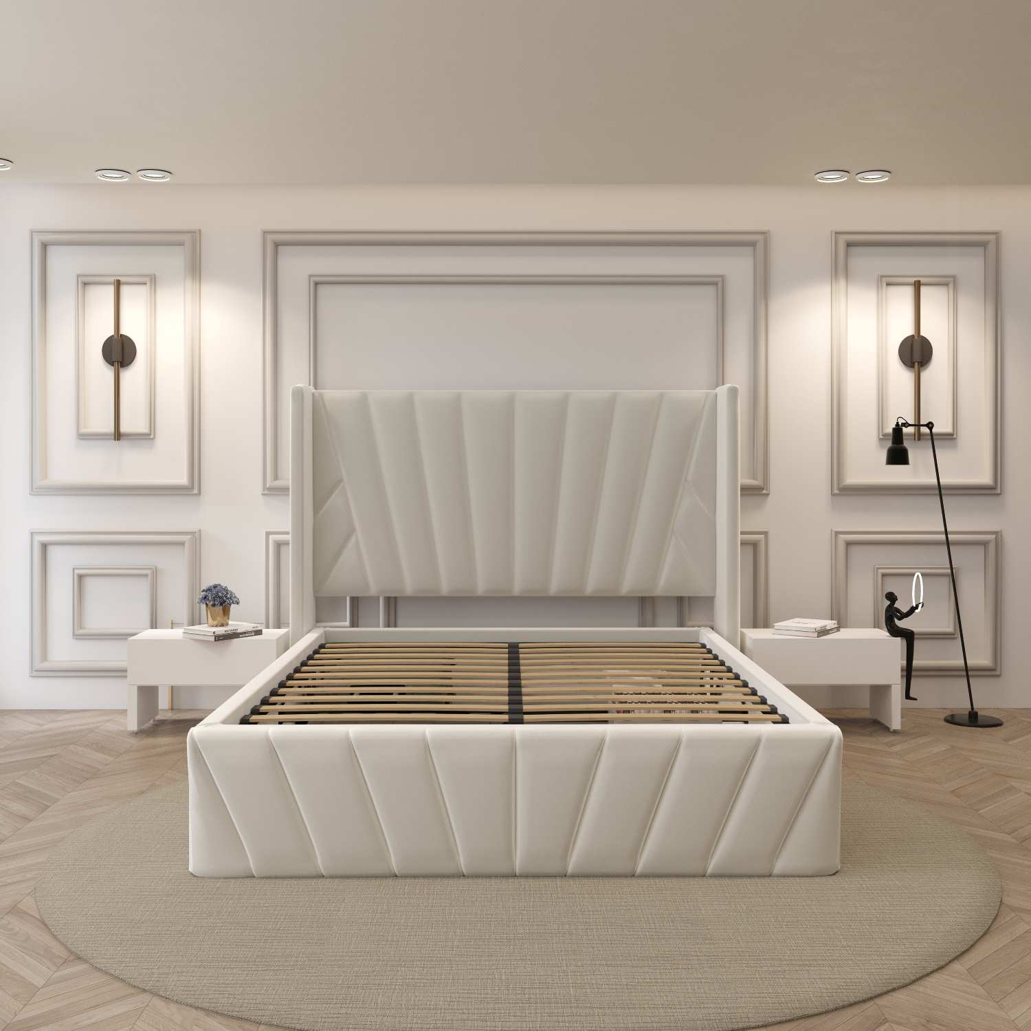 Eva Hydraulic Lift Soft Padded Upholstered Platform Storage Bed Frame Ivory