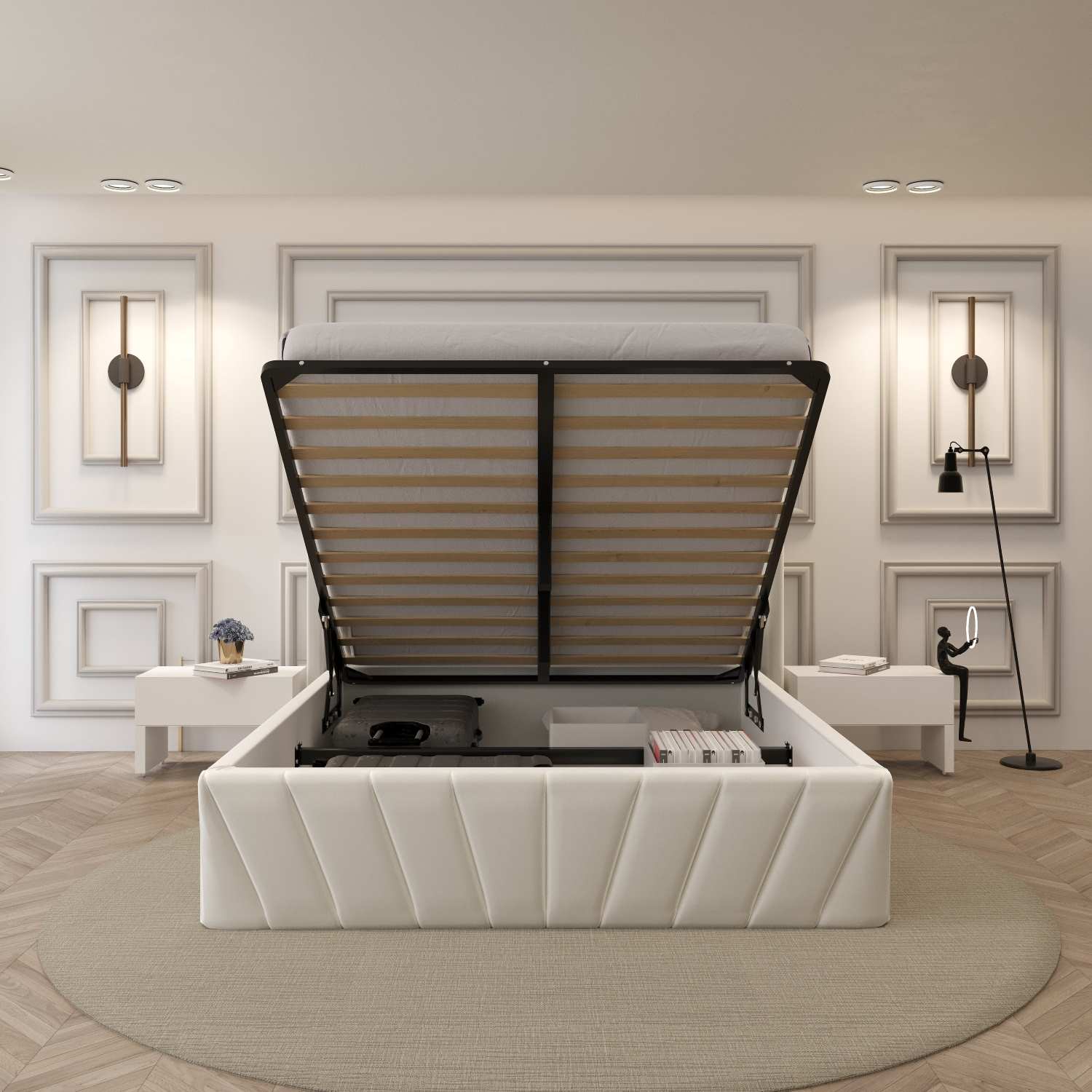 Eva Hydraulic Lift Soft Padded Upholstered Platform Storage Bed Frame Ivory