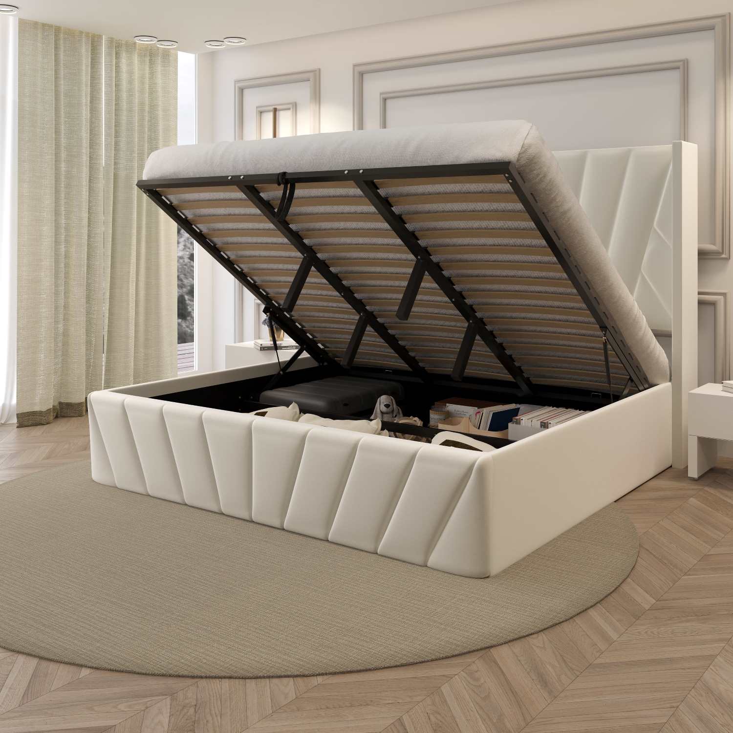 Eva Hydraulic Lift Soft Padded Upholstered Platform Storage Bed Frame Ivory