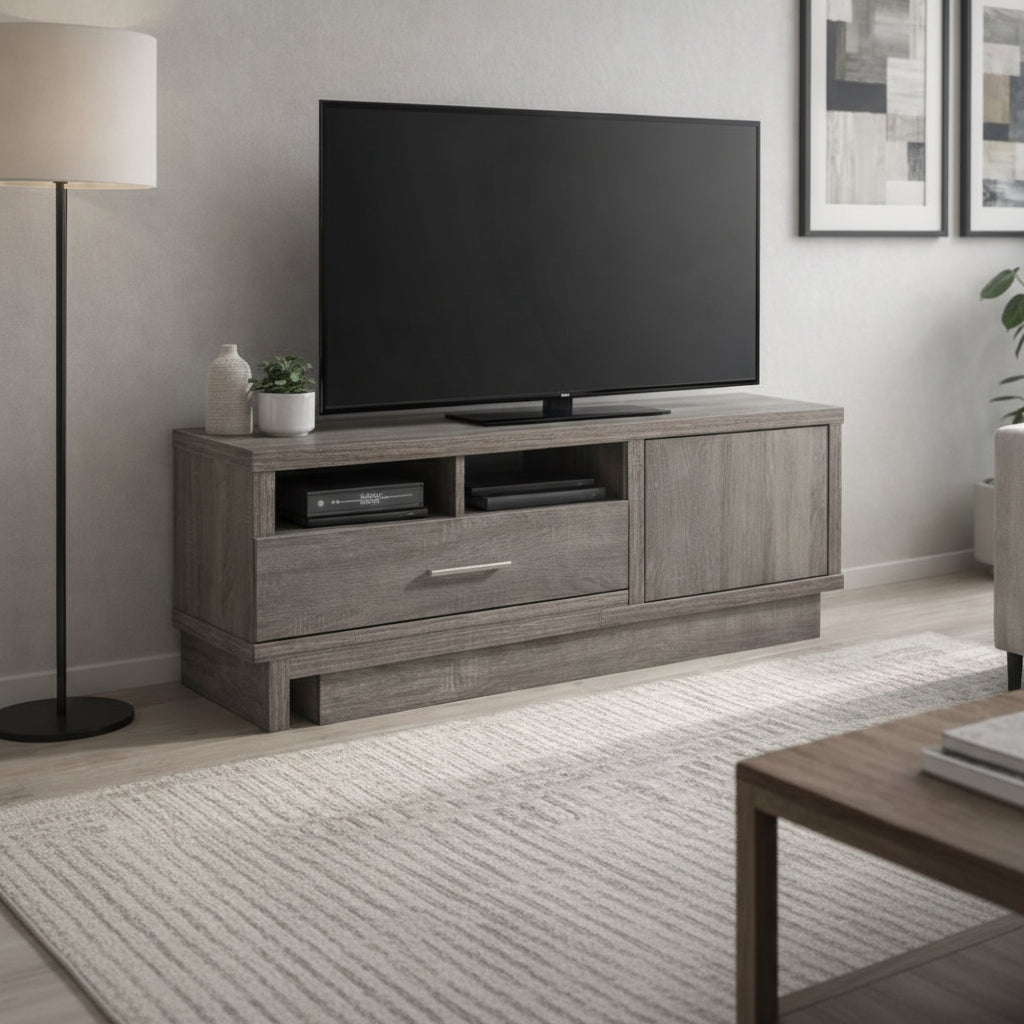 Living room with a wooden TV stand, flat-screen TV, and sofa.