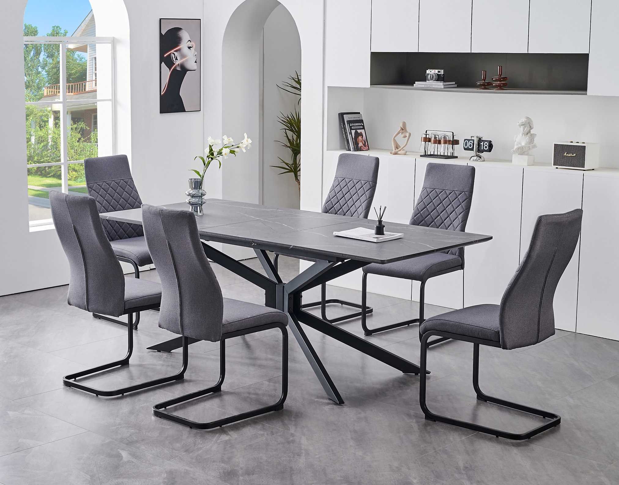 Faux Marble Extended Dining Table with Fabric Chairs T-1570 / 1573