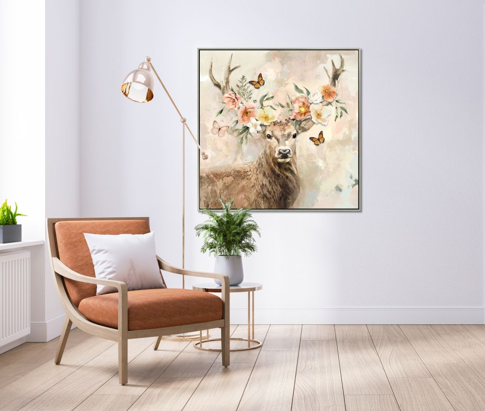 Peach Floral Deer Canvas Art 36" x 36"