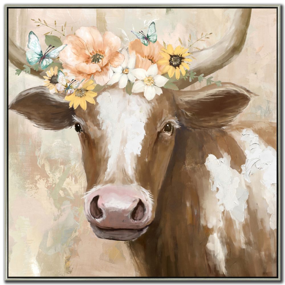 Peach Floral Cow Canvas Art 36