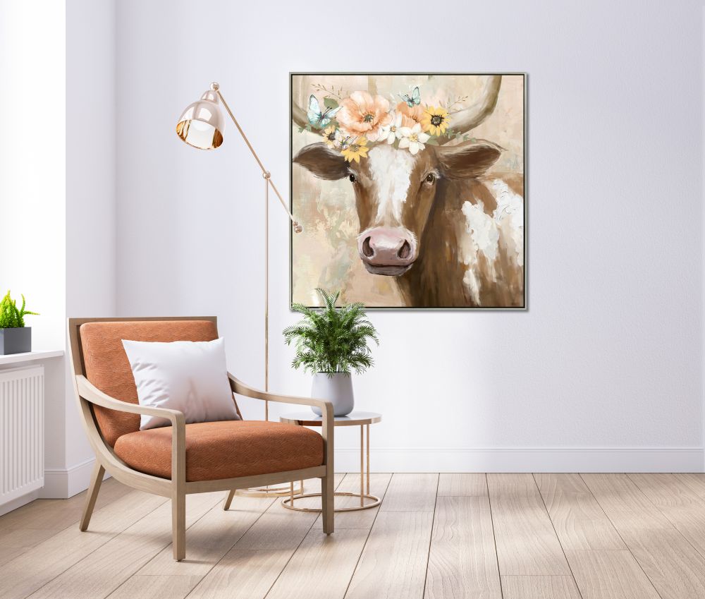 Peach Floral Cow Canvas Art 36" x 36"