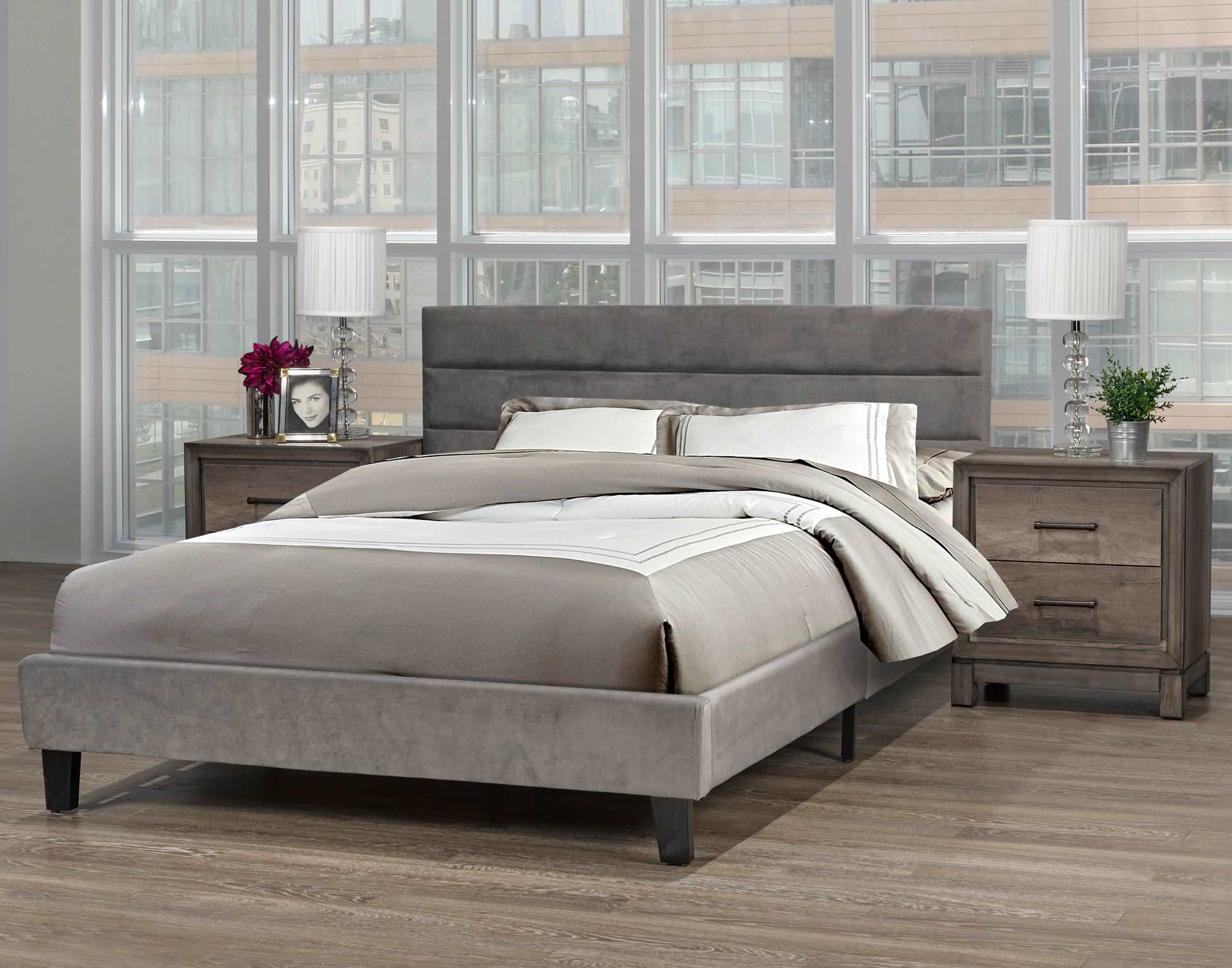 Contemporary Style Double & Queen Fabric Platform Bed-Grey LX895