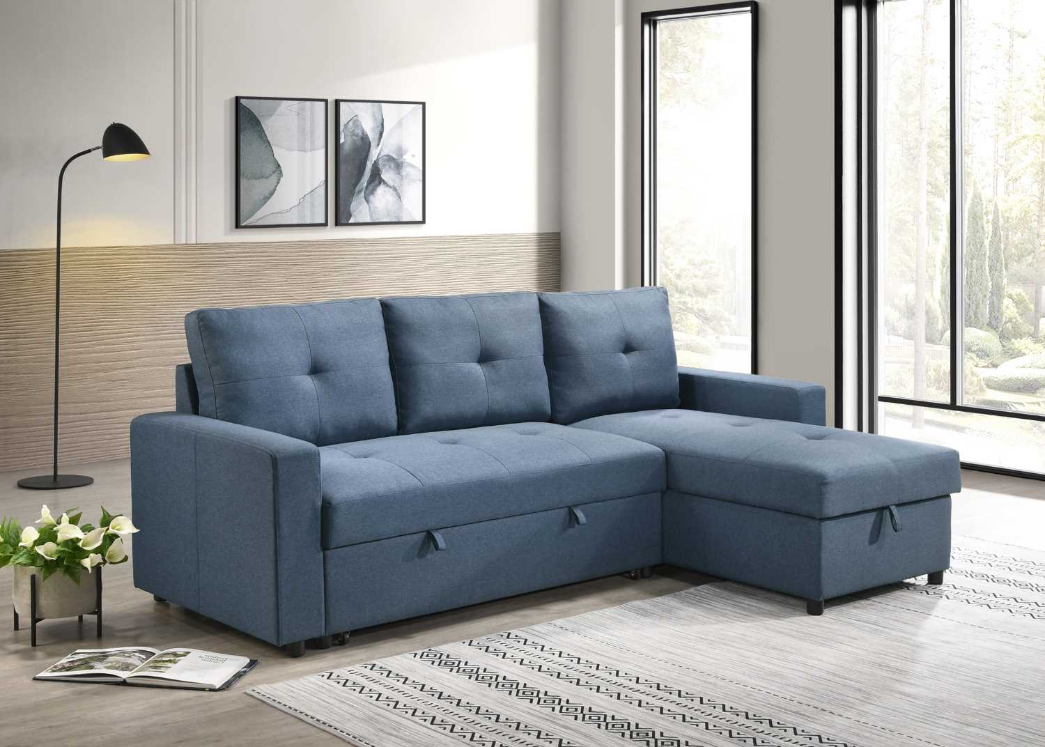 Faber Reversible Sectional Sofa Bed with Pull-out Sleeper and Storage Chaise Blue 99996