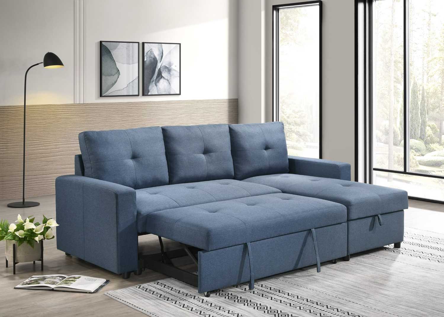 Faber Reversible Sectional Sofa Bed with Pull-out Sleeper and Storage Chaise Blue 99996